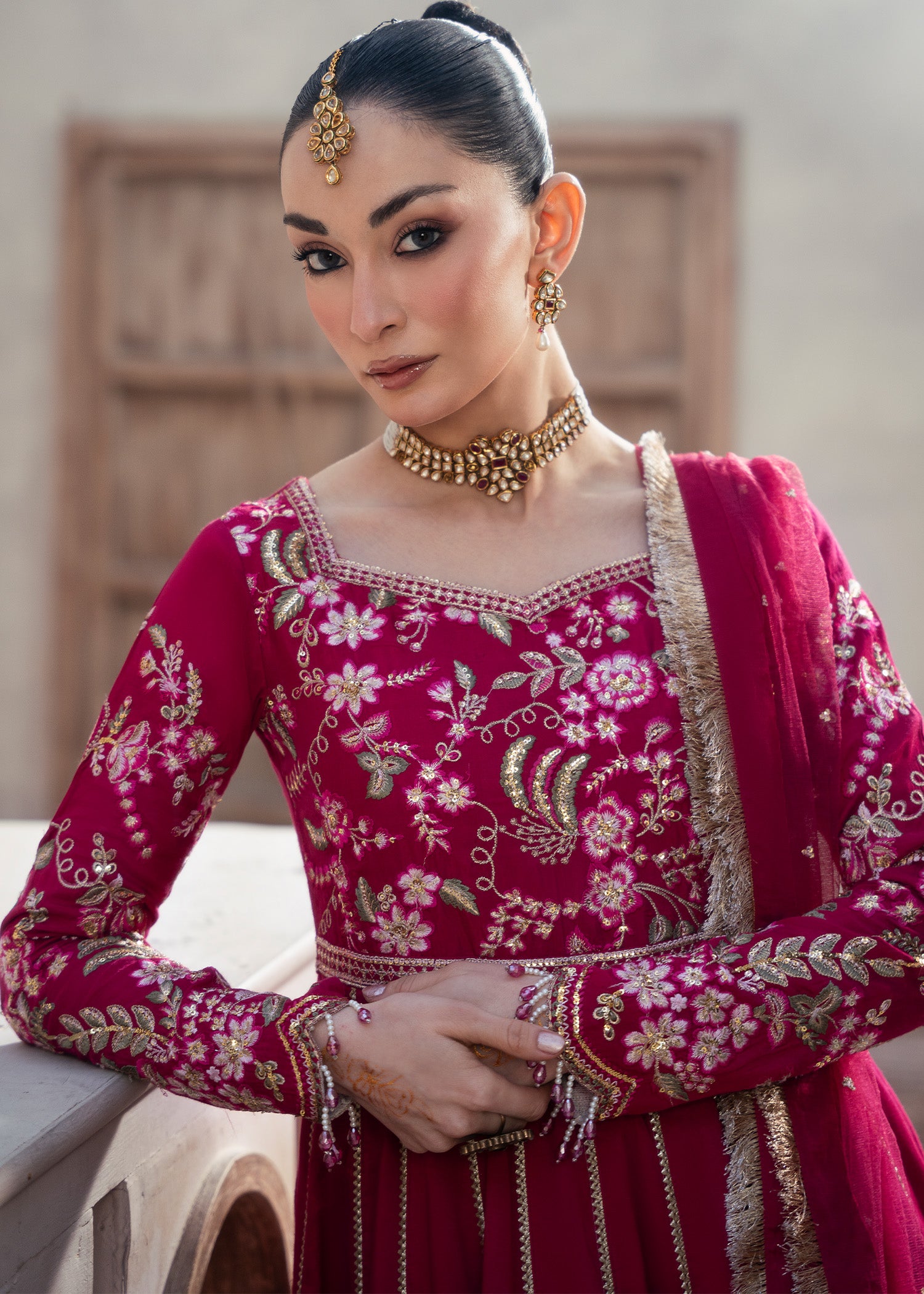 raw silk Pishwas in Shocking pink