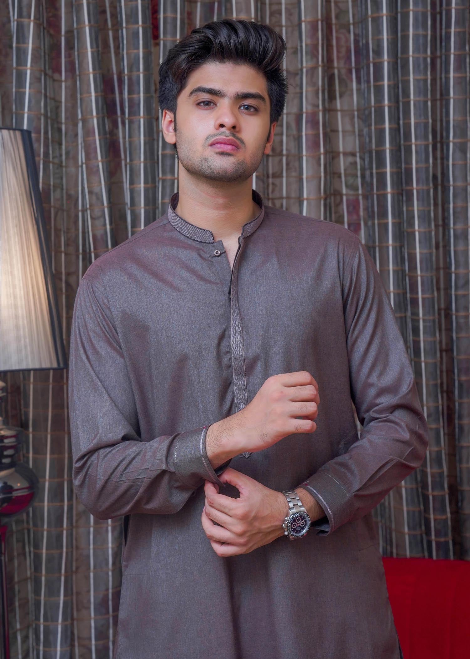 textured wash & wear Shalwar Kameez in Grey by Real Image Clothing