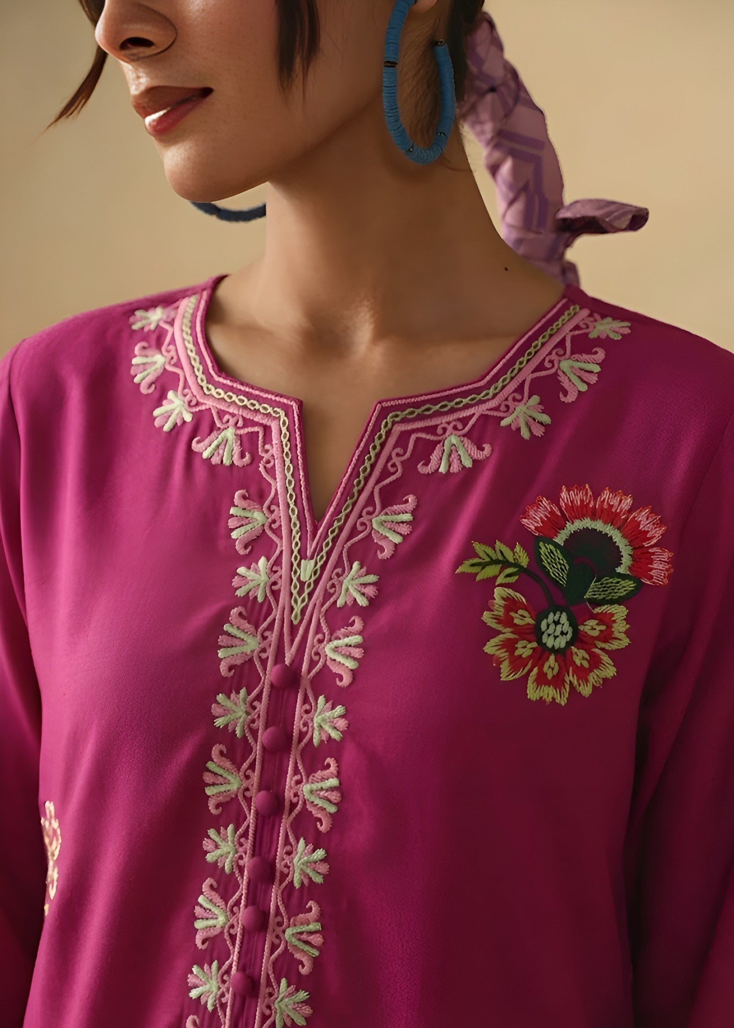 linen Kurta Set in Red violet