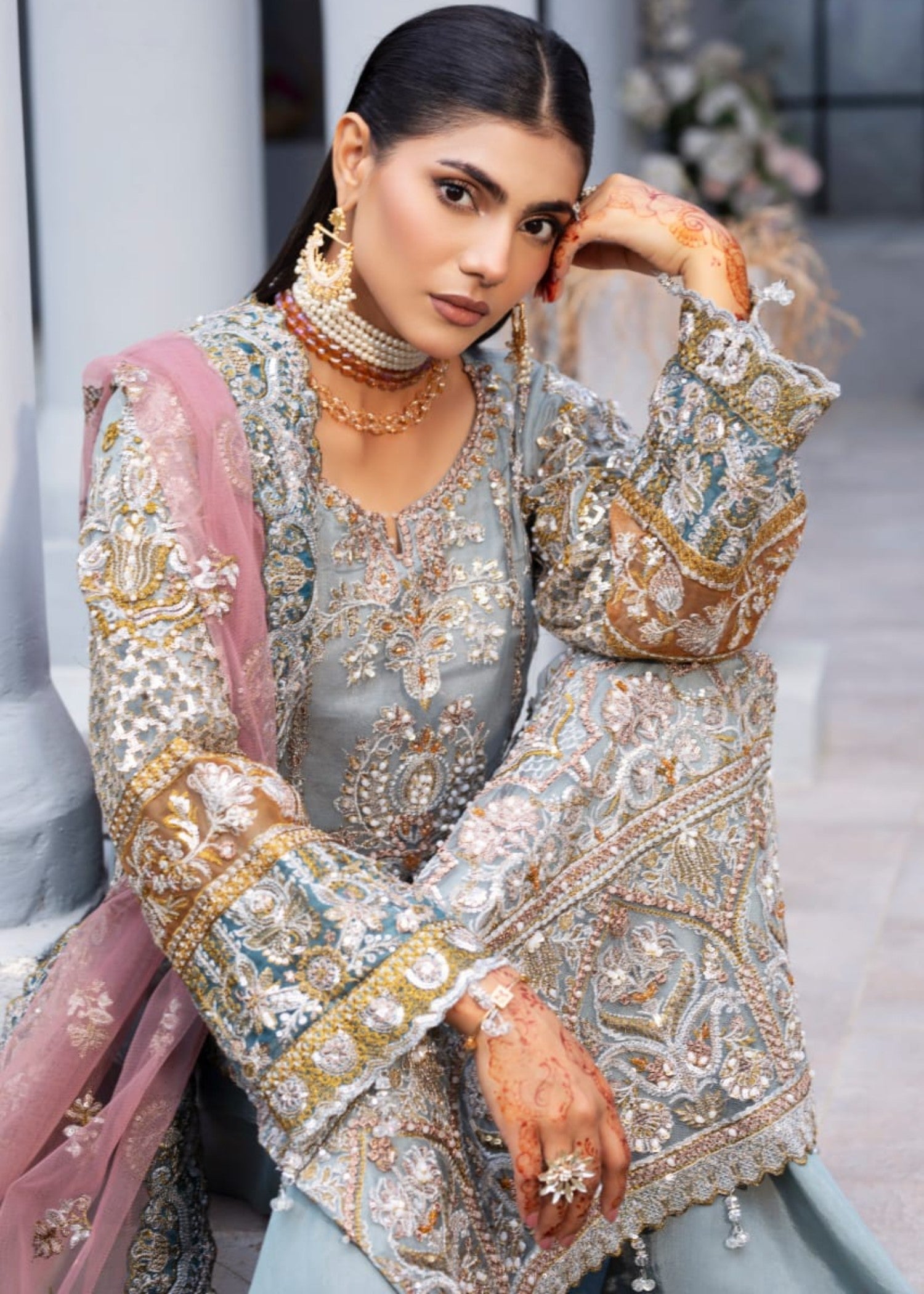 net Kurta Set in Slate grey