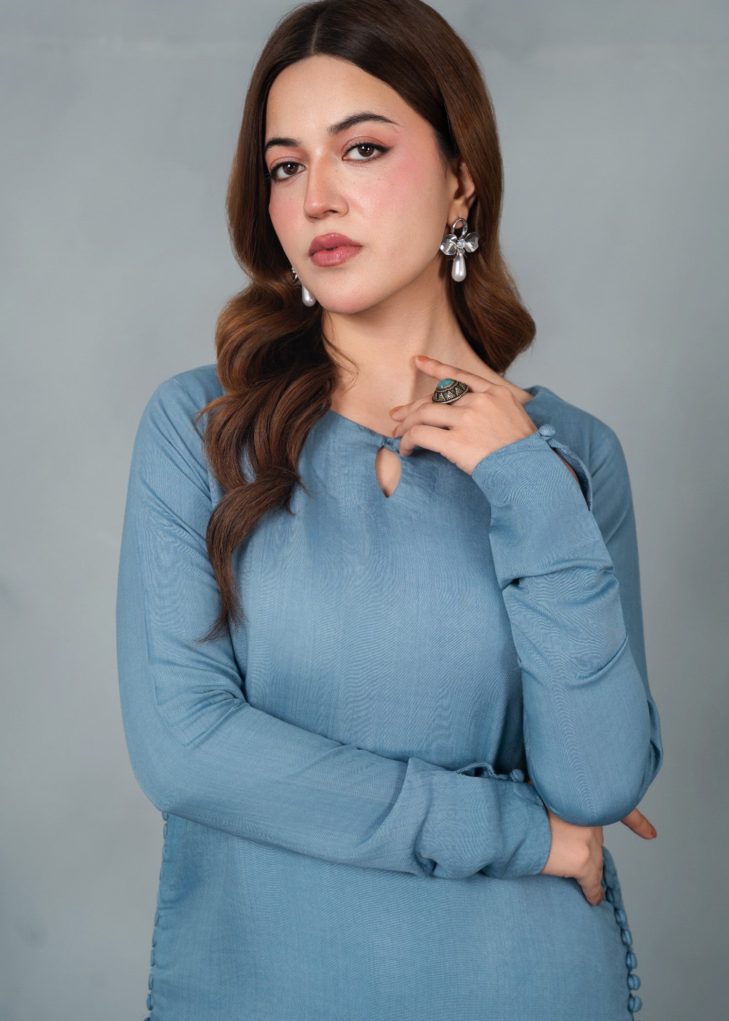 silk finish lawn Kurta Set in Powder blue