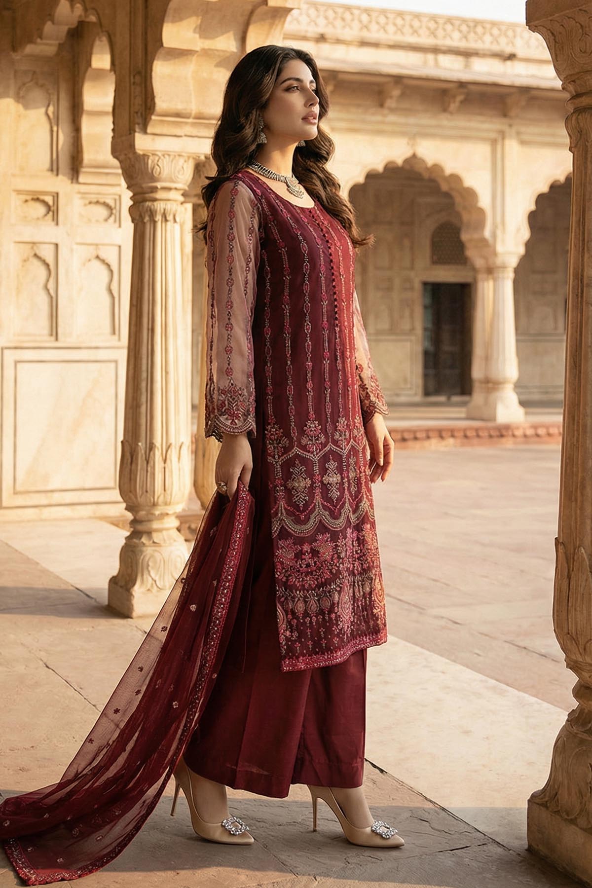 silk cotton net Kurta Set in Maroon