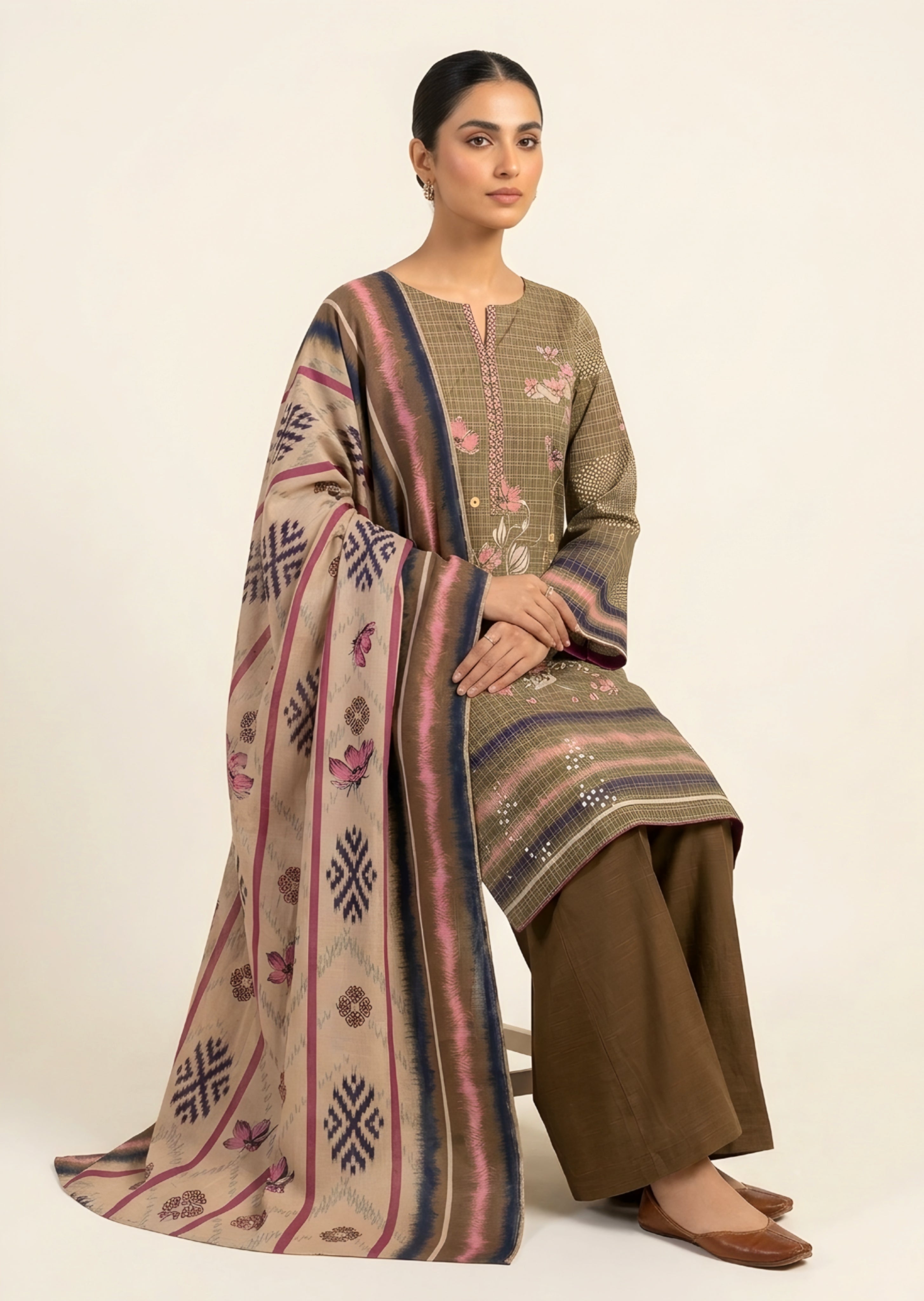 khaddar Unstitched in Dark brown, peanut