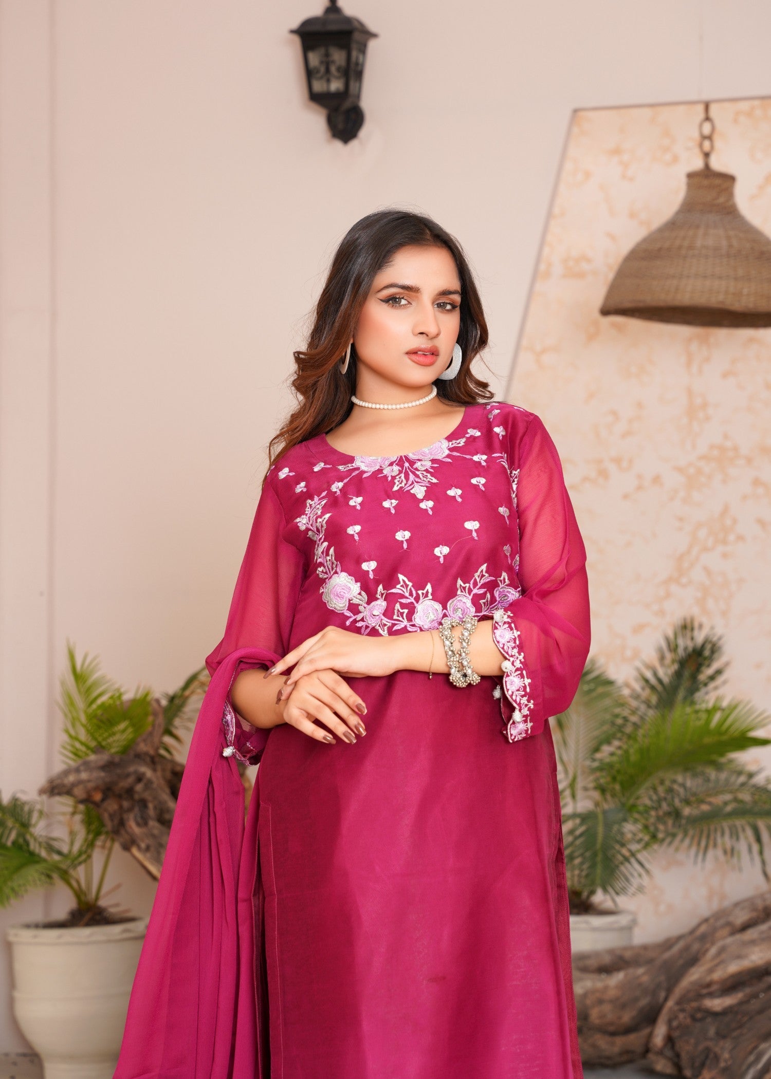 chiffon Kurta Set in Burgundy