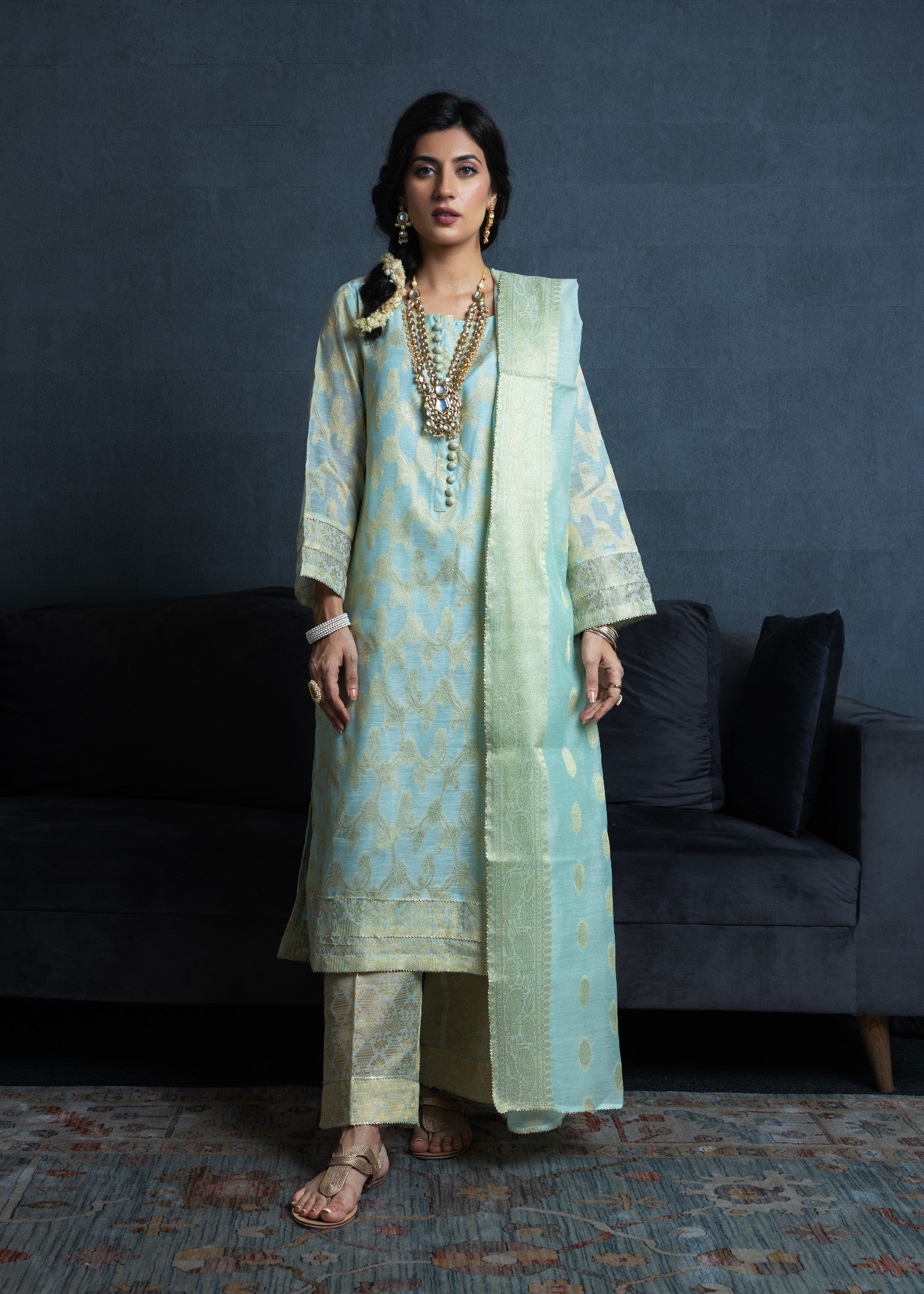 banarasi brocade Kurta Set in Aquamarine