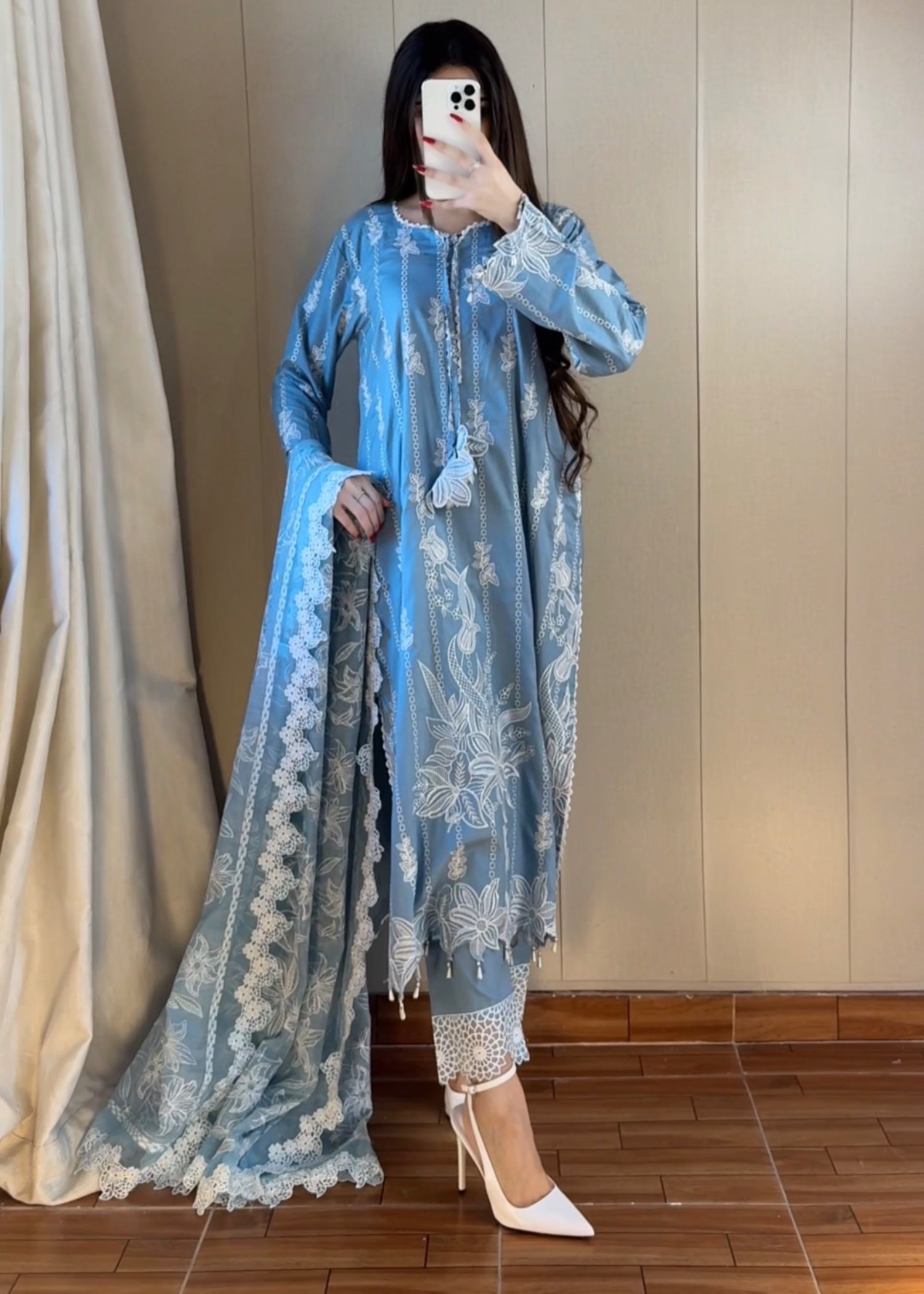 lawn Kurta Set in Ice blue, white, duck egg grey