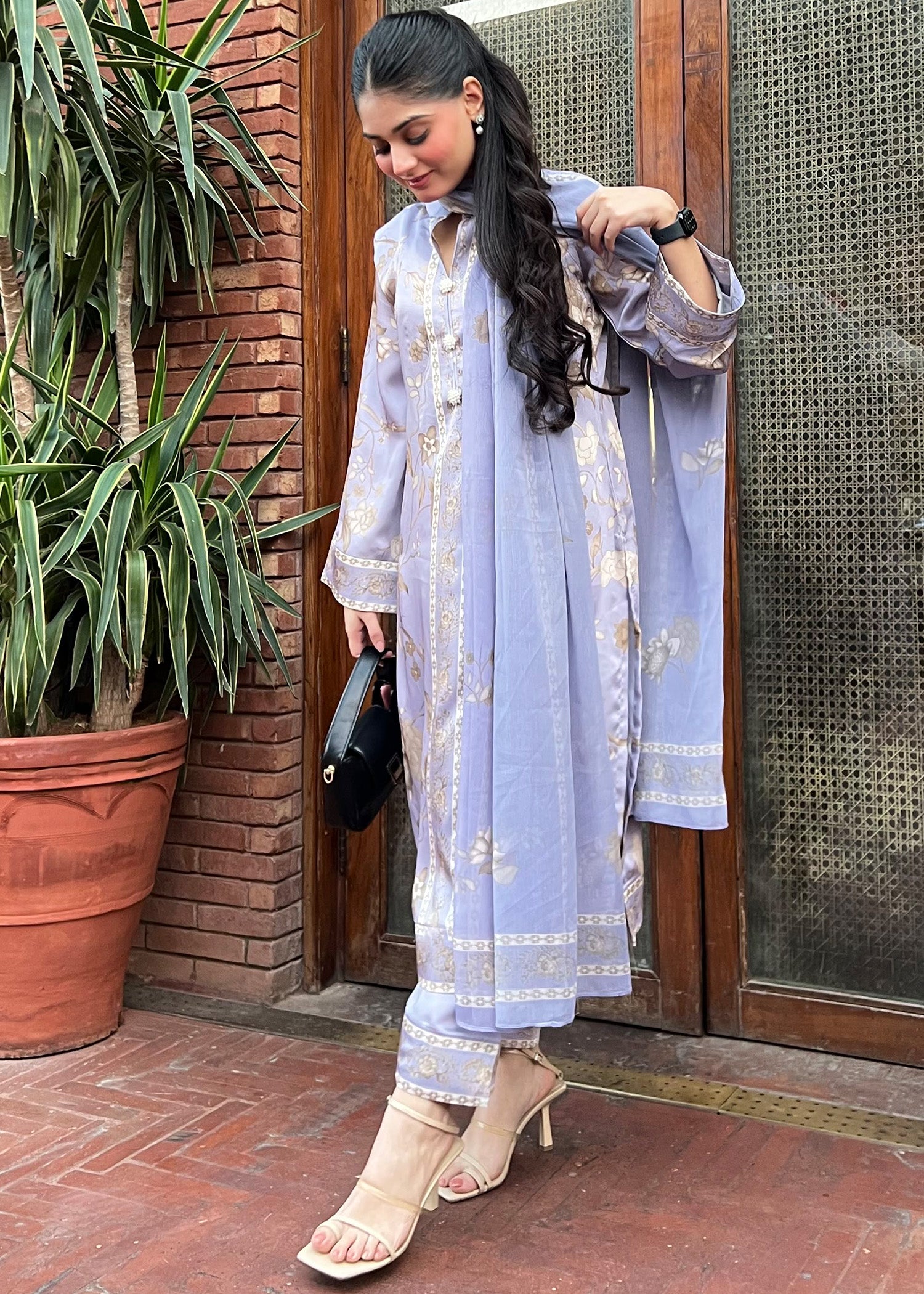 satin silk Kurta Set in Lilac