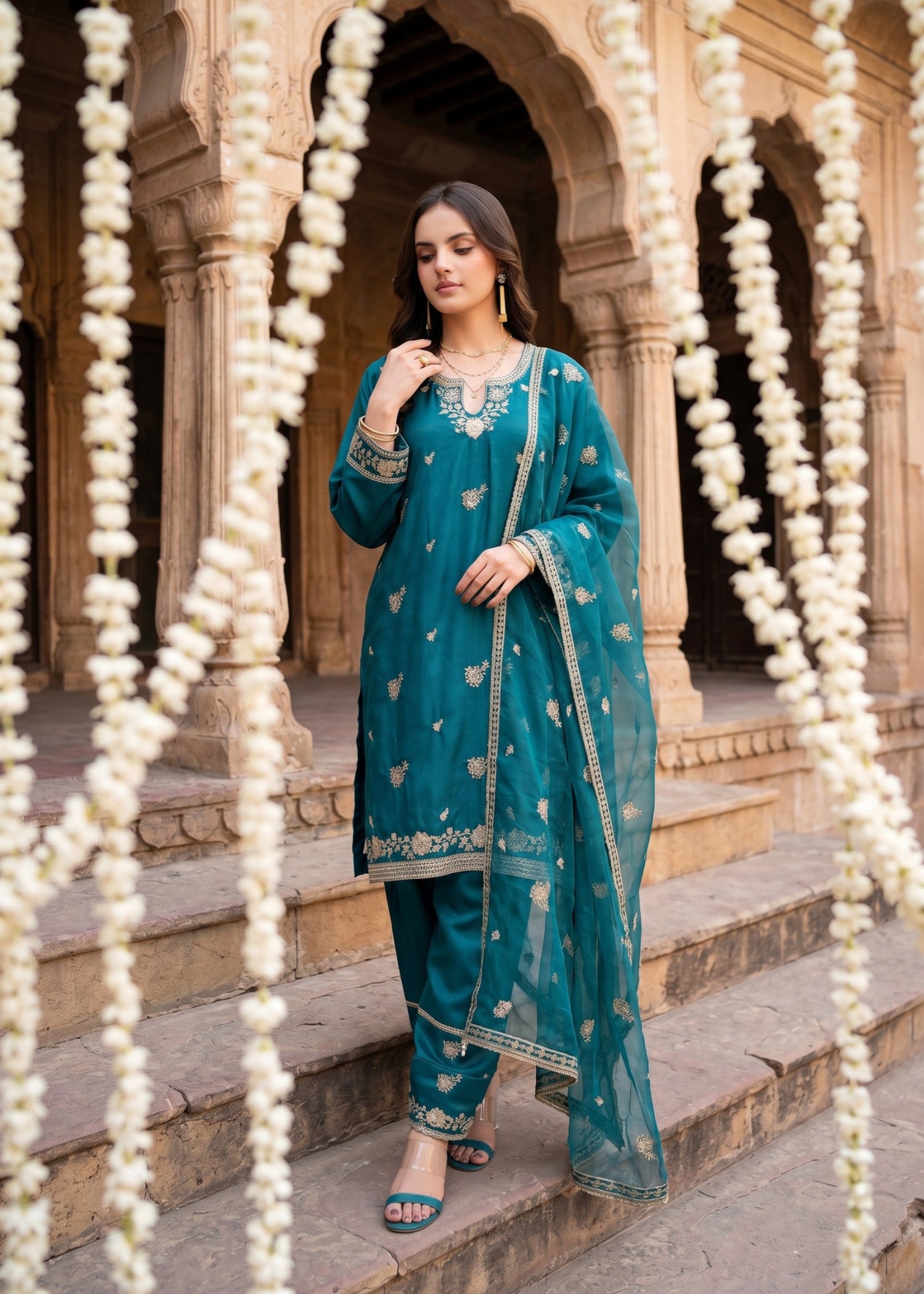 kattan silk Kurta Set in Teal