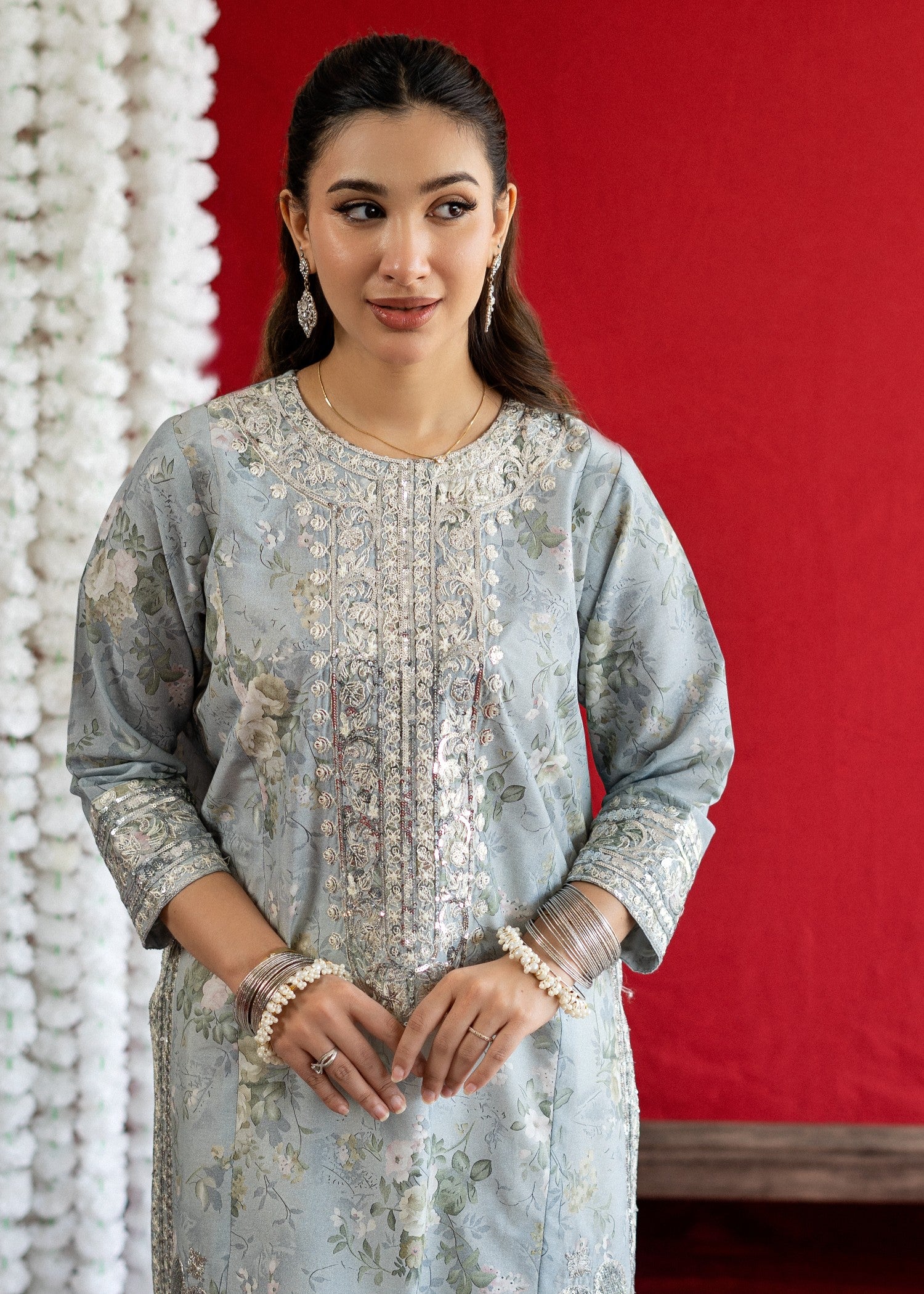 lawn Kurta Set in Off-white, light blue