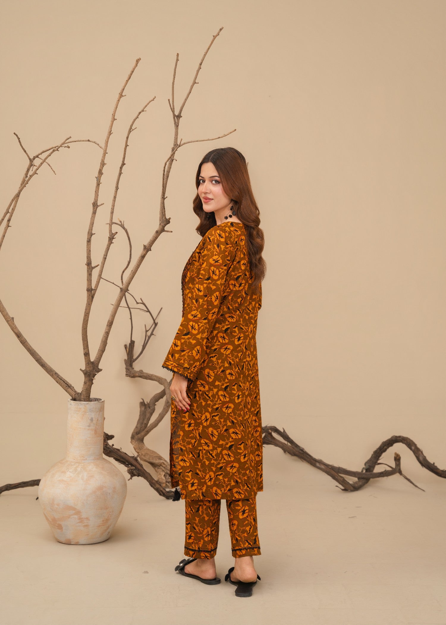 lawn Kurta Set in Walnut brown, sand brown