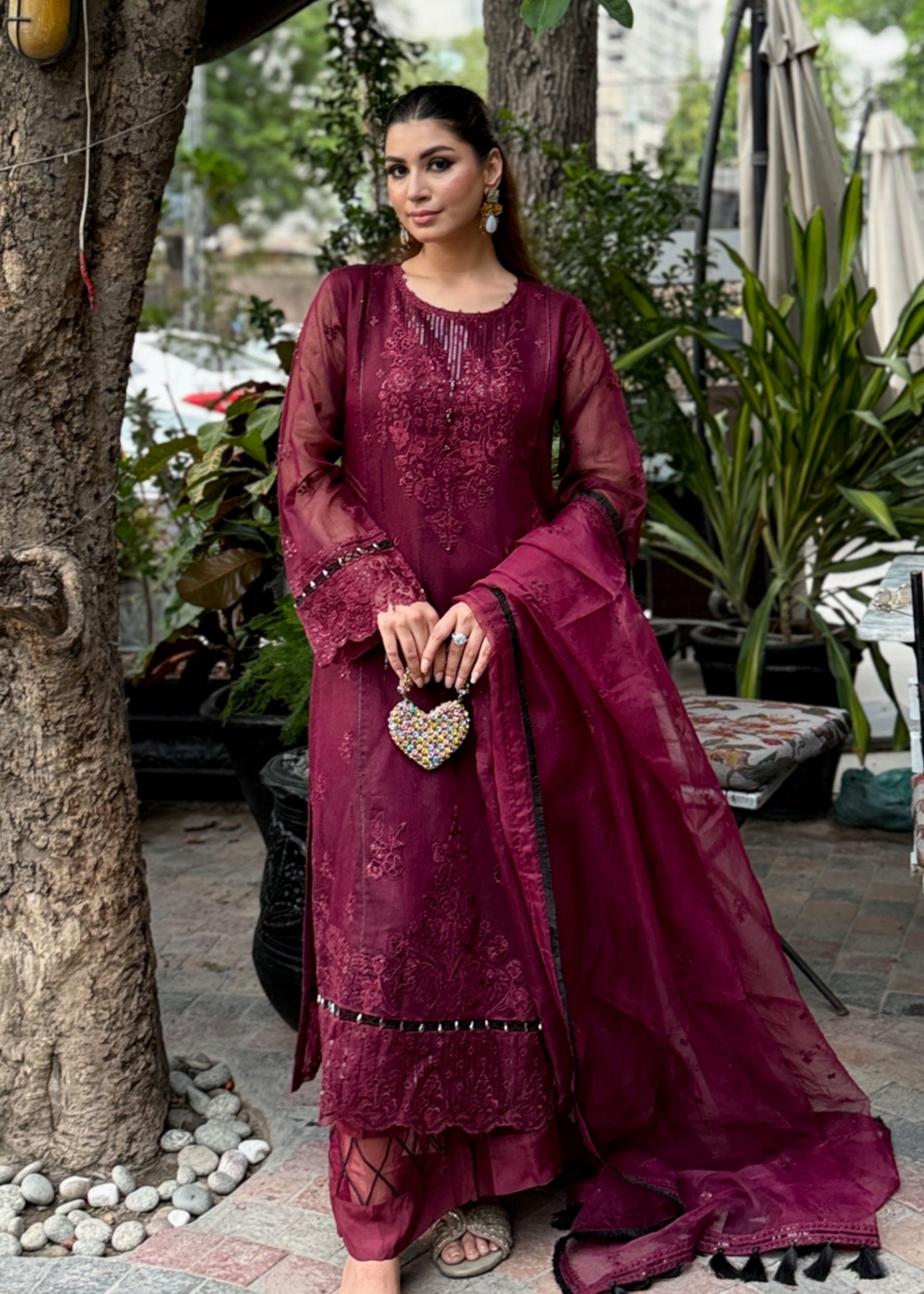 khaddi net Kurta Set in Plum