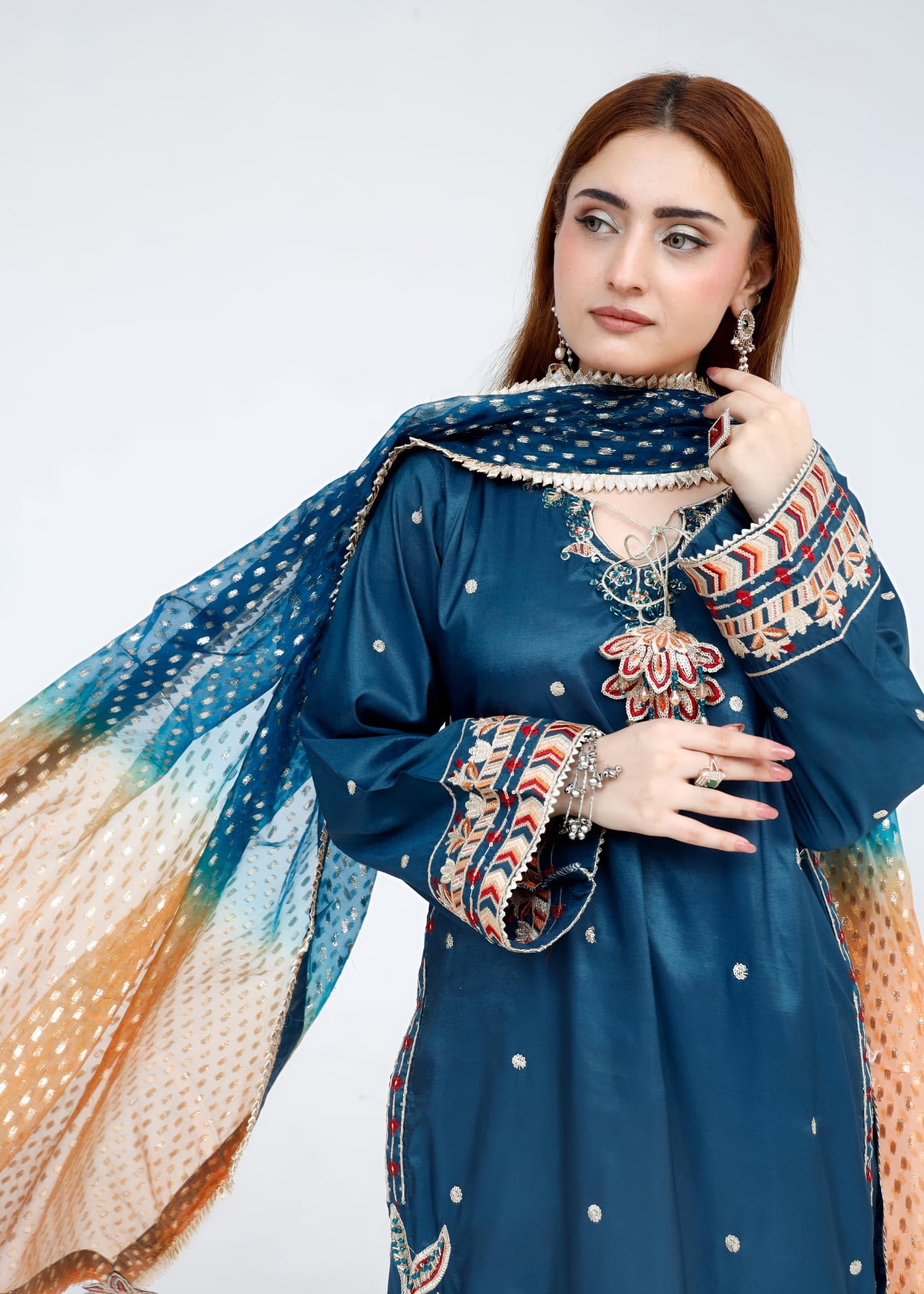 raw silk Kurta Set in Orange, teal, bondi blue
