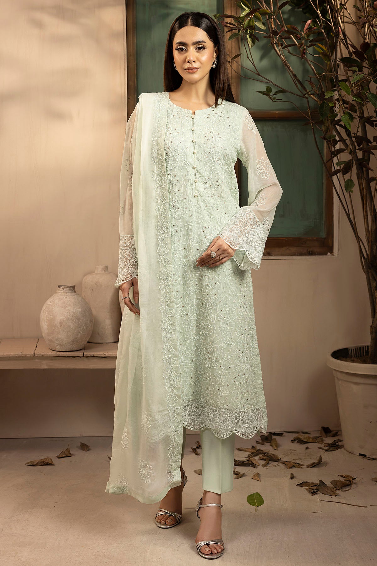crinkle chiffon Unstitched in Light cyan