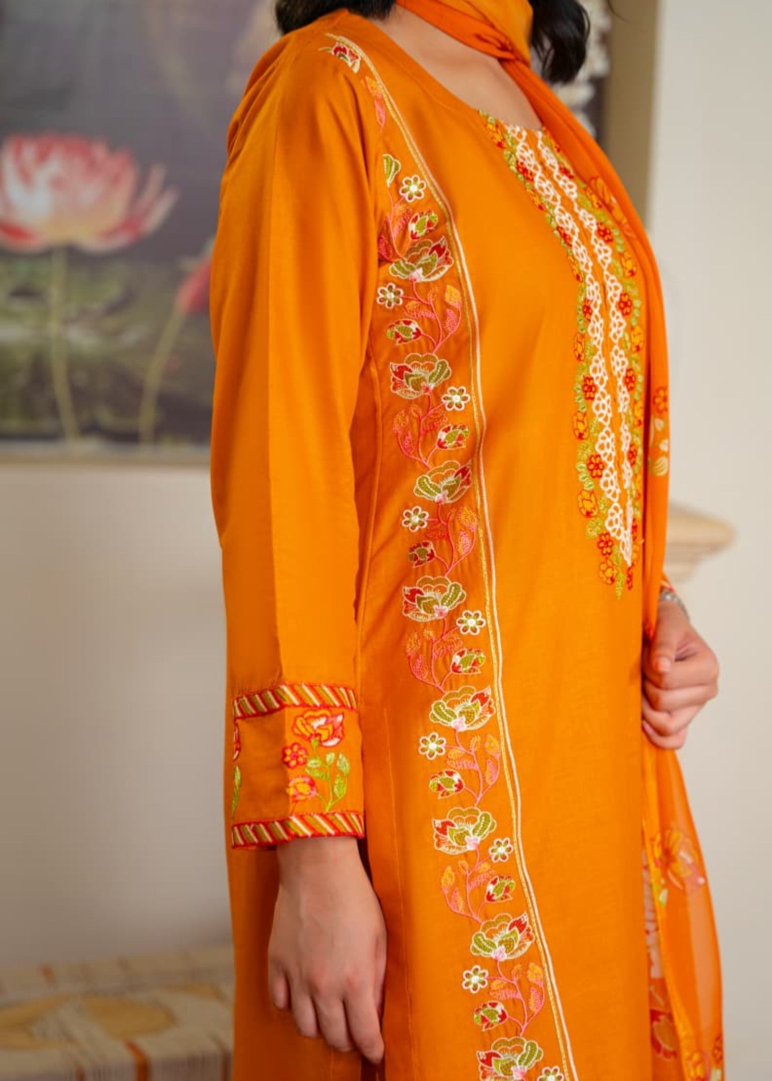 lawn cotton Kurta Set in Tiger orange