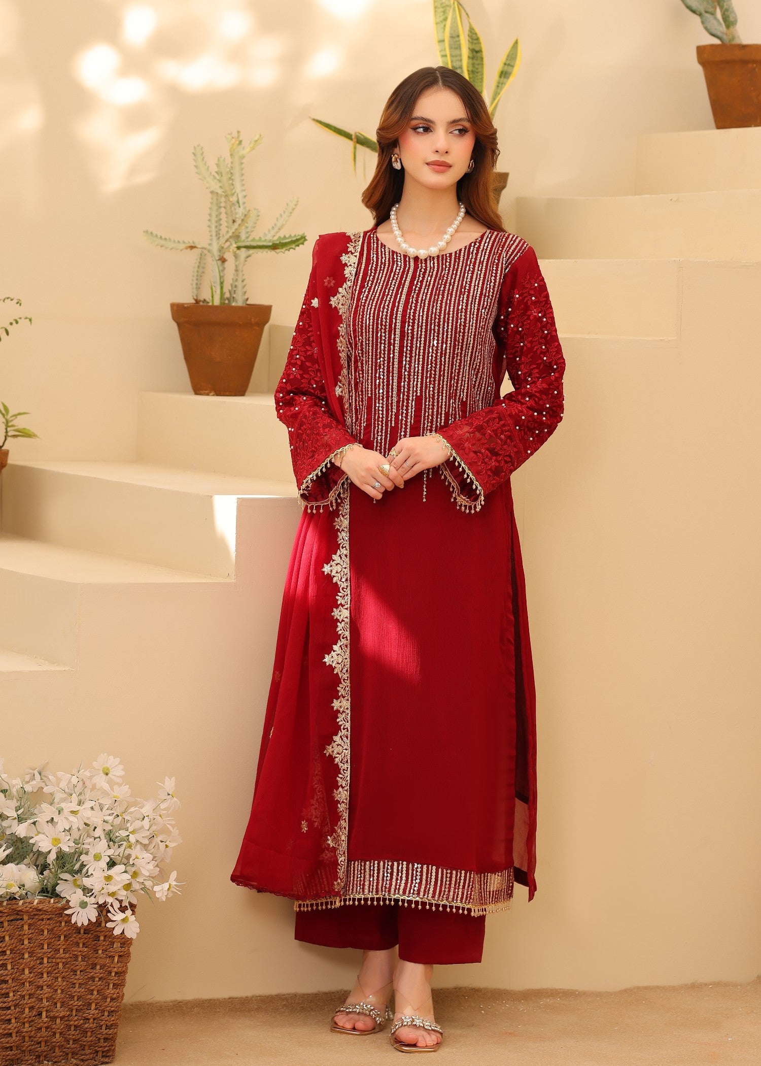 chiffon Kurta Set in Maroon