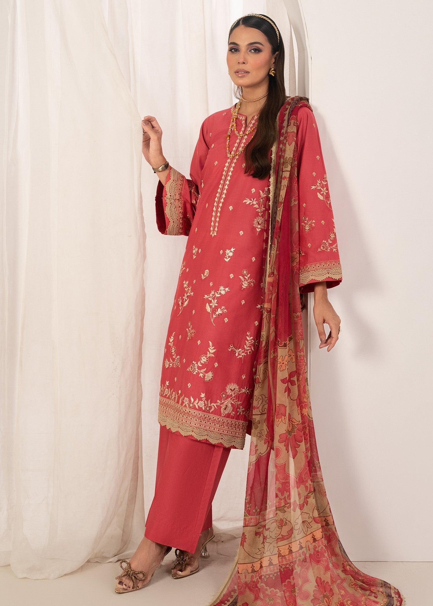 cambric cotton Kurta Set in Coral pink