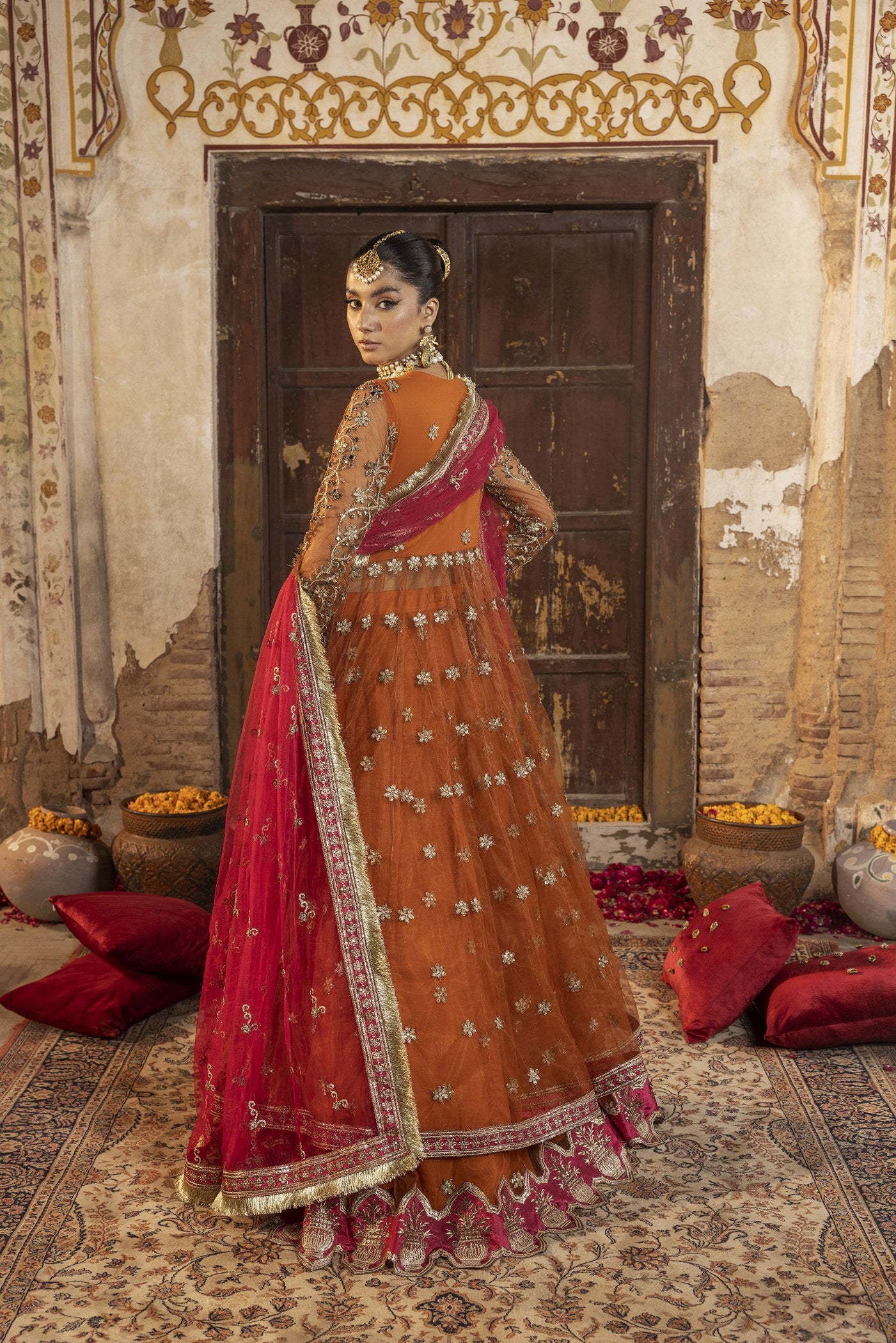net Lehenga in Orange