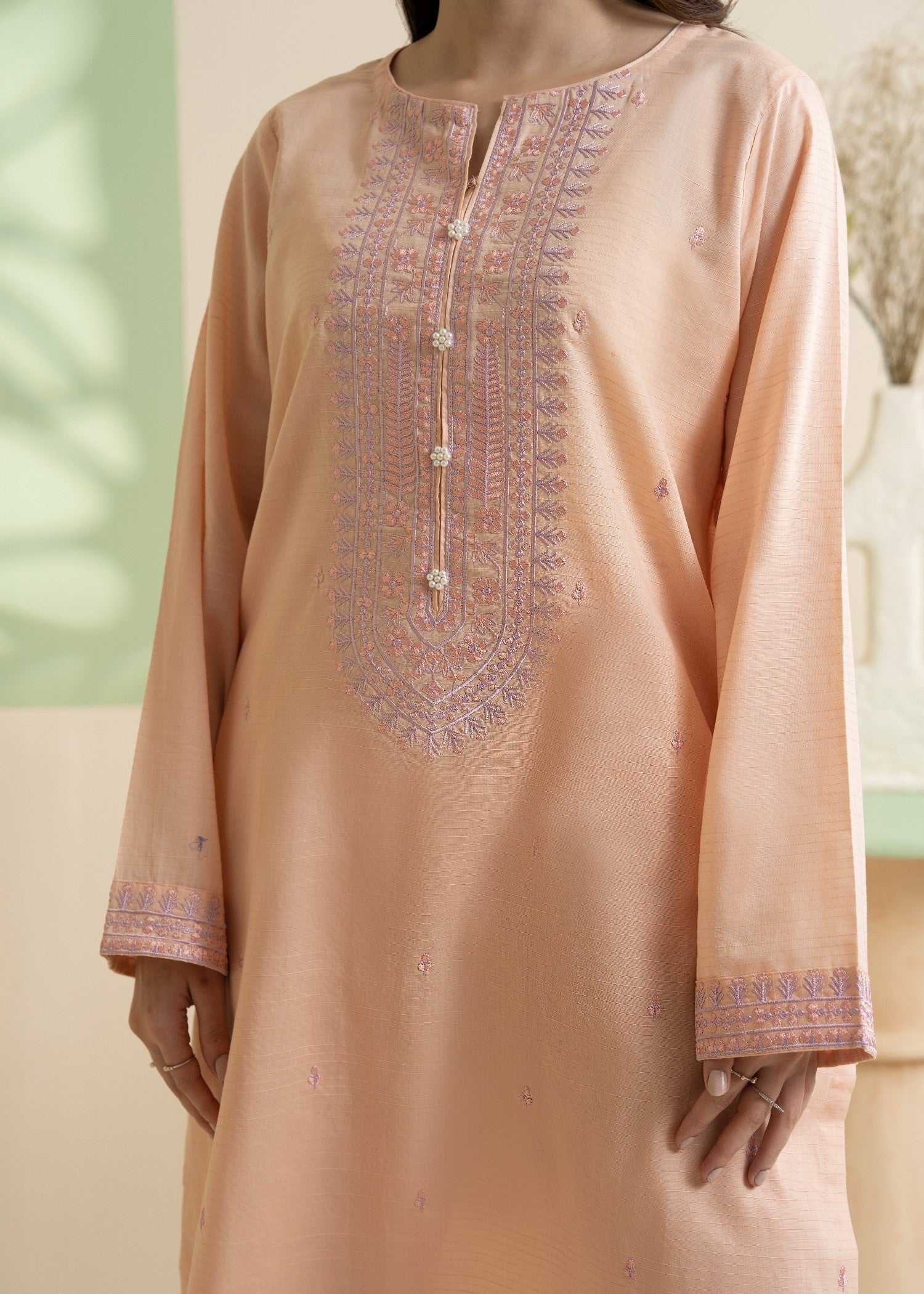 textured lawn Kurta Set in Peach pink