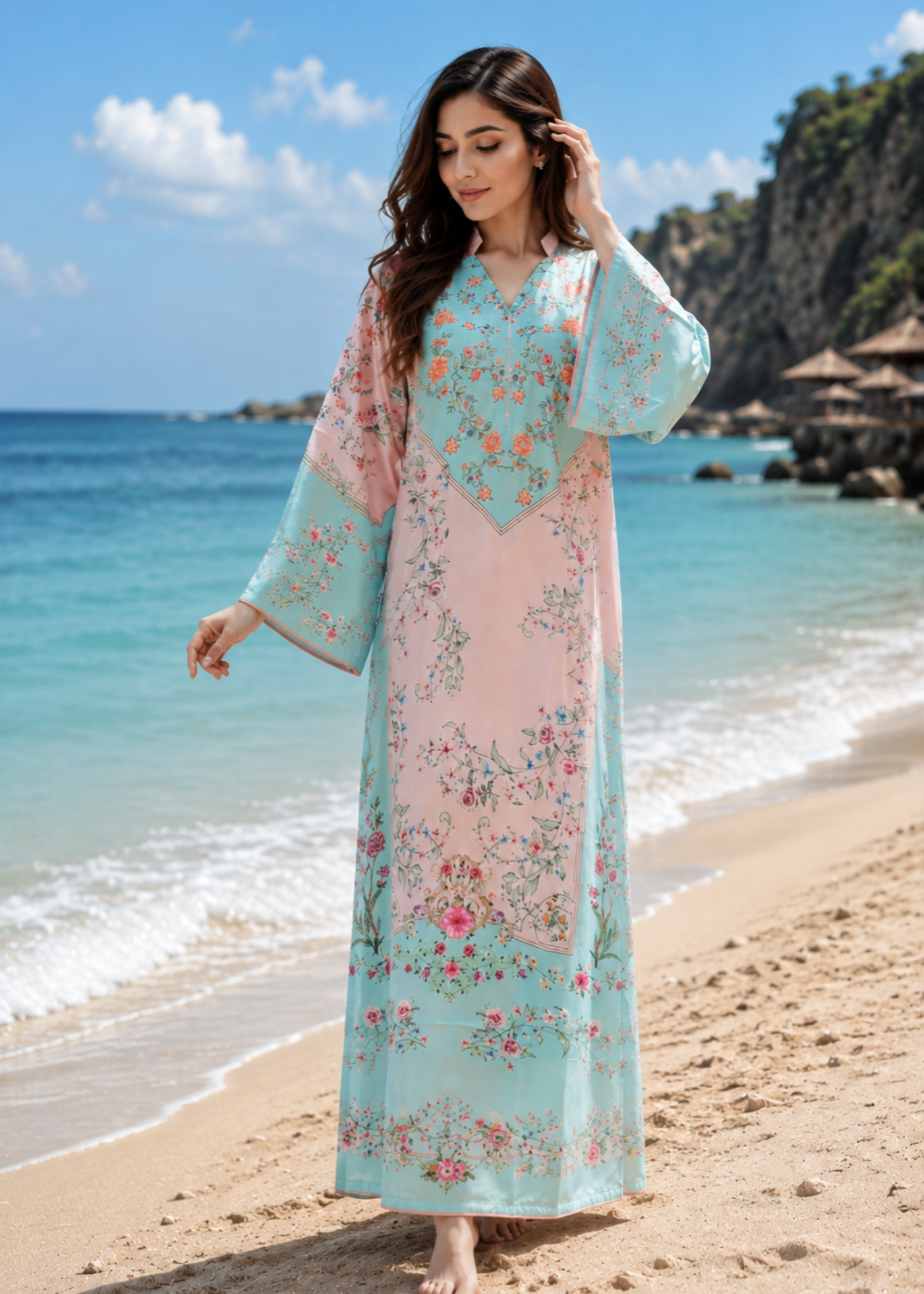silk charmeuse Kaftan in Baby pink, sky