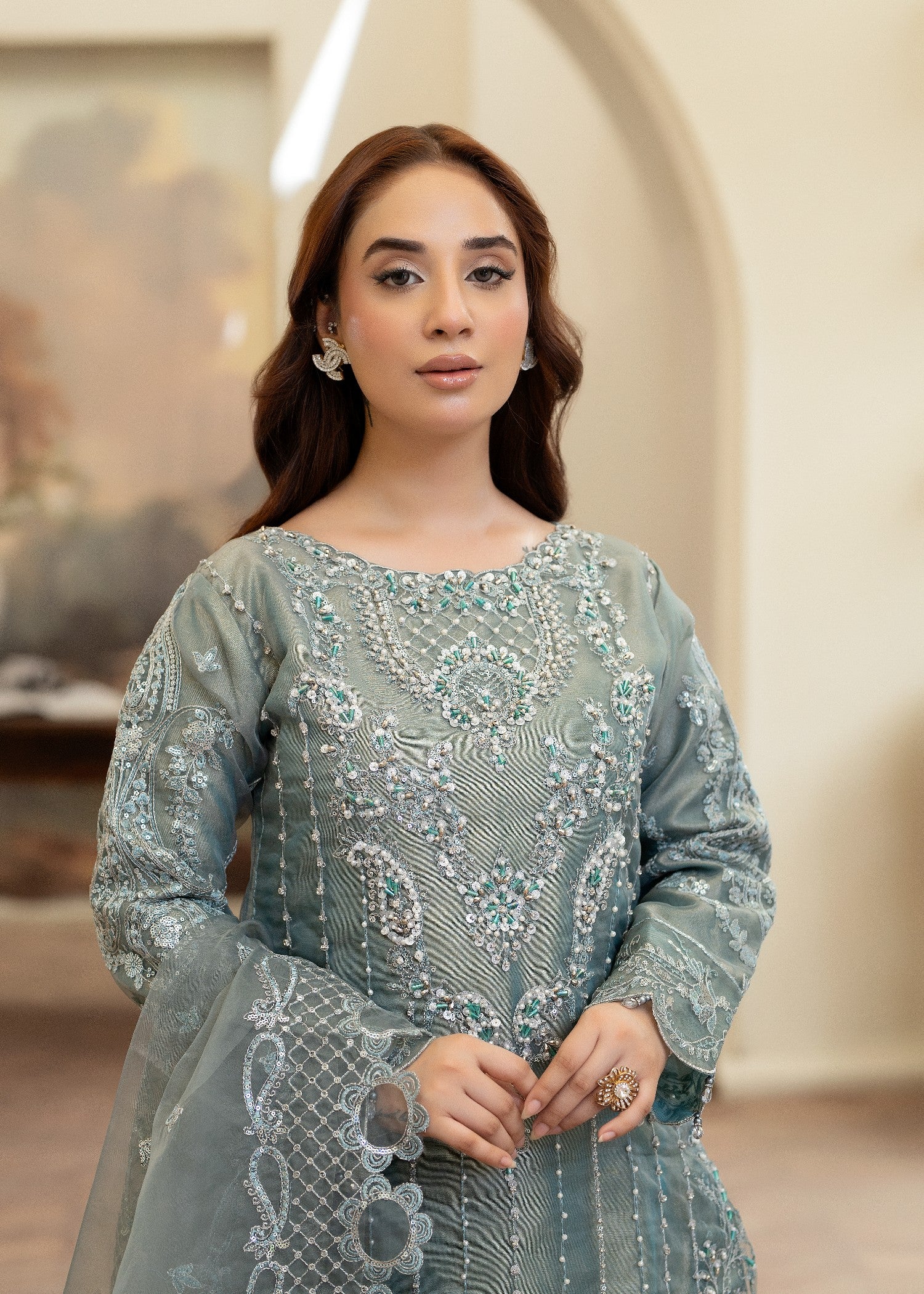 organza Kurta Set in Eucalyptus green