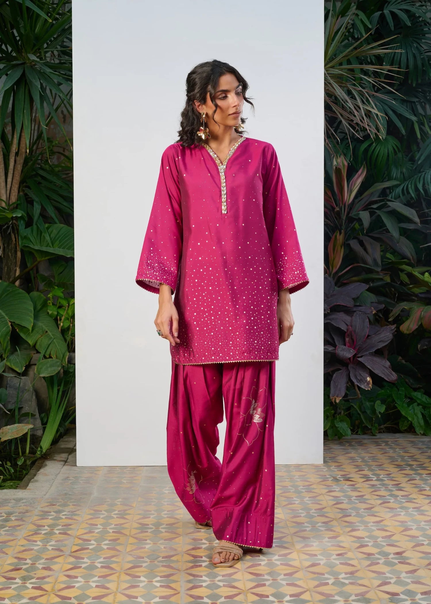 cotton silk Kurta Set in Hot pink