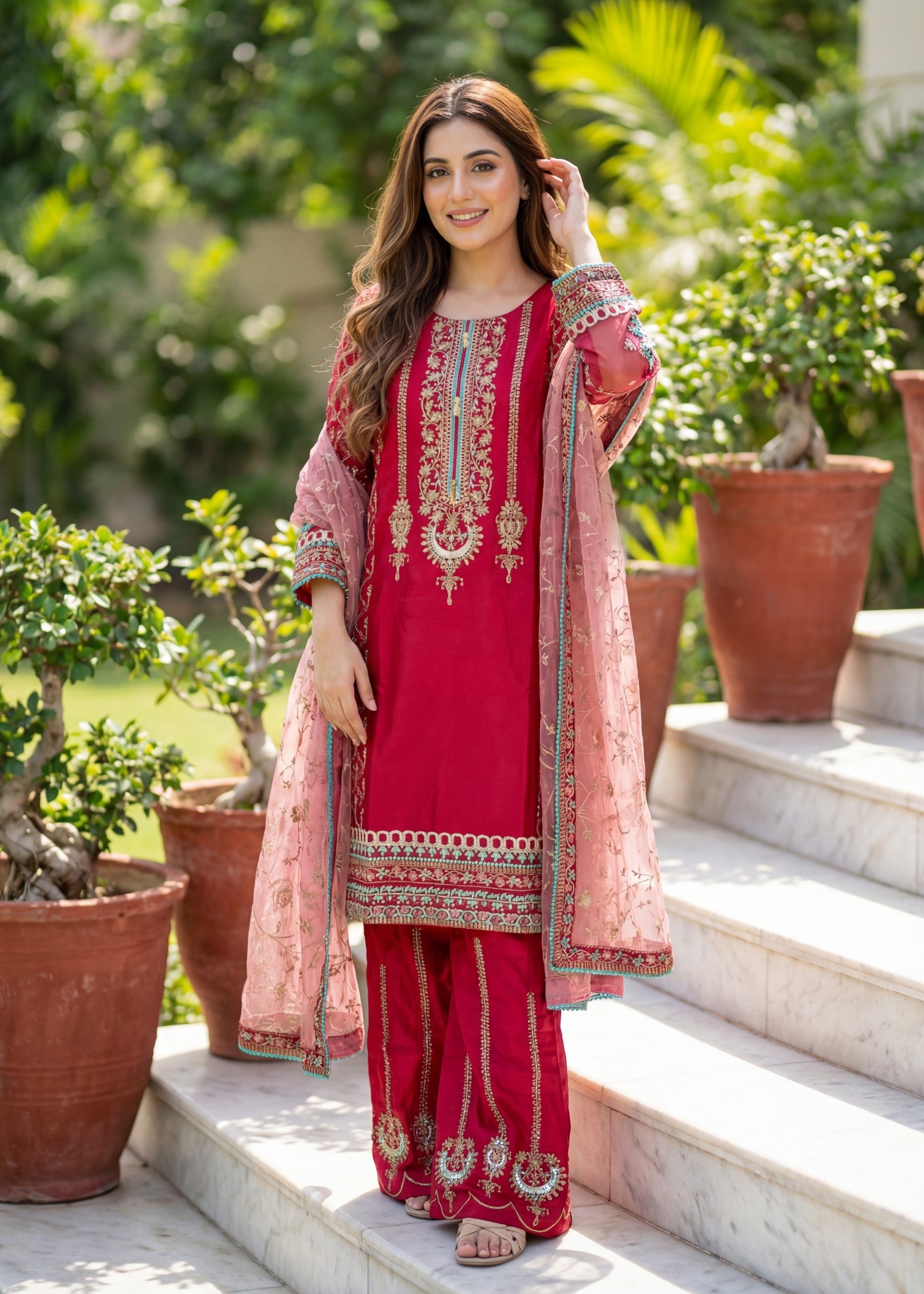 kattan silk Kurta Set in Hot pink red
