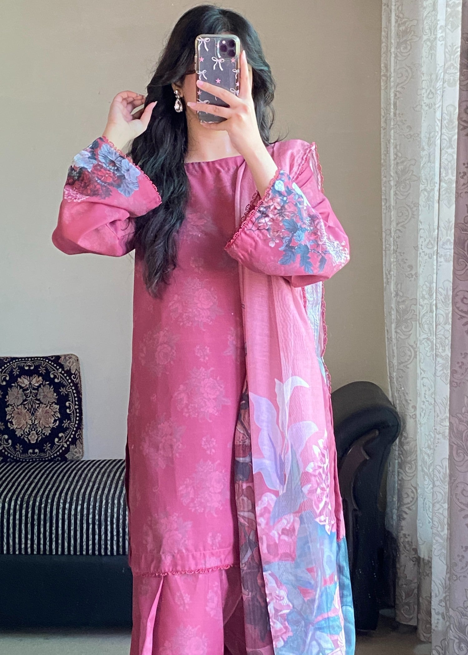 silk finish lawn Kurta Set in Magenta haze