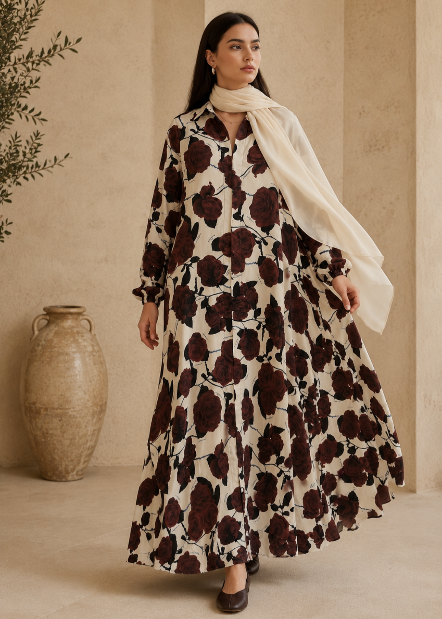 lawn Abaya in Ivory, burgundy