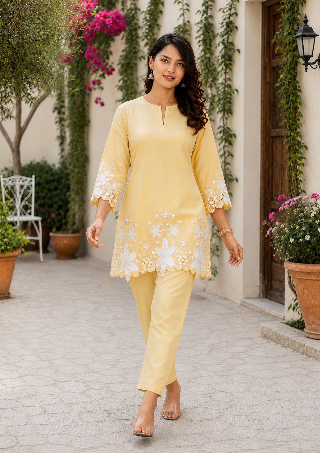 lawn cotton Kurta Set in Lemon