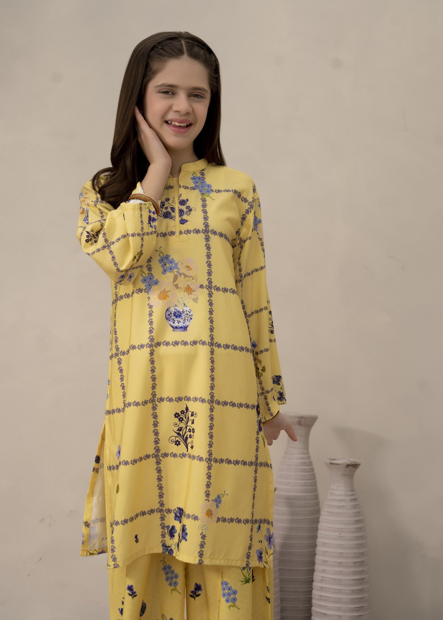 poly lawn Kurta Set in Lemon