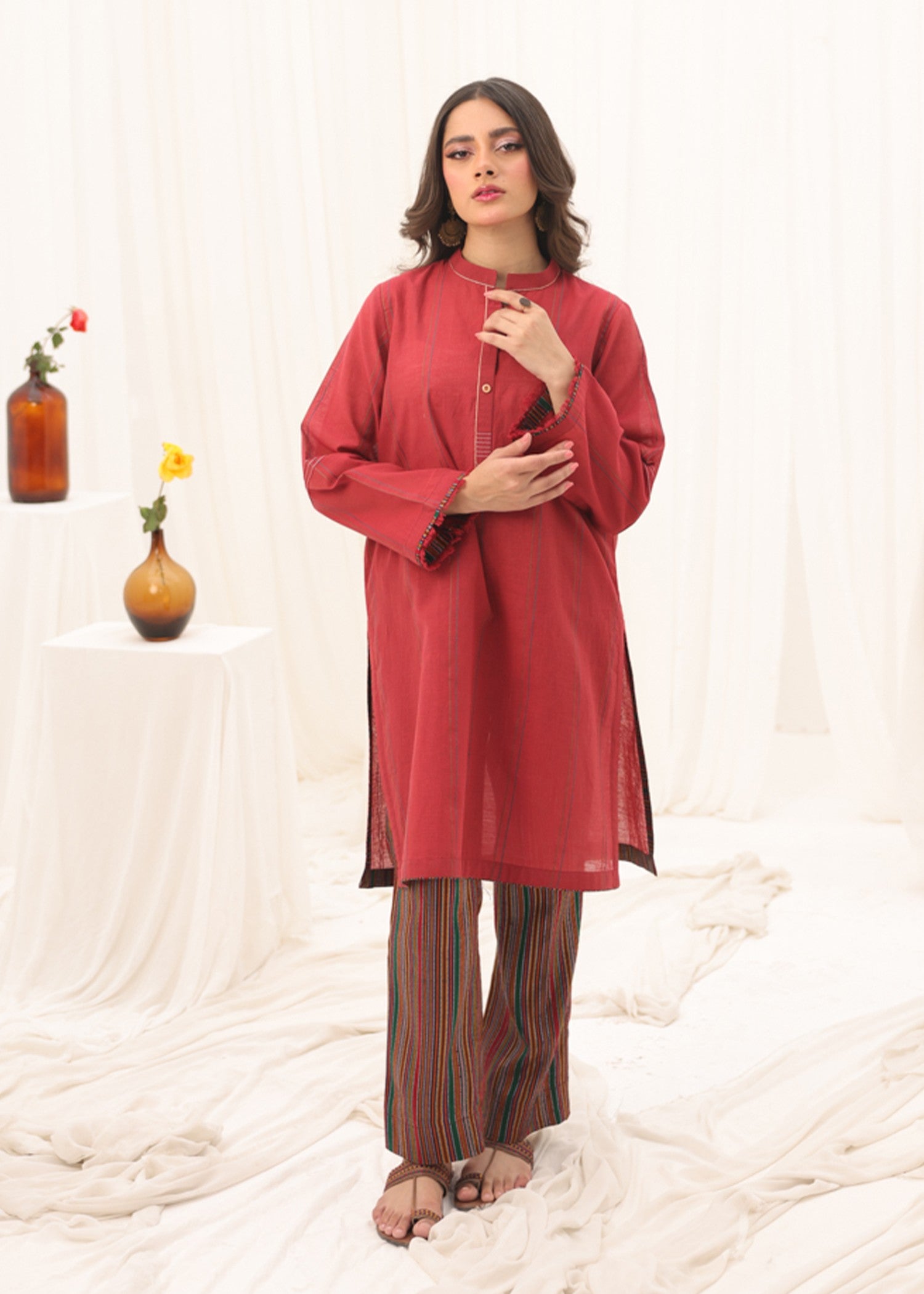 yarn dyed Kurta Set in Red
