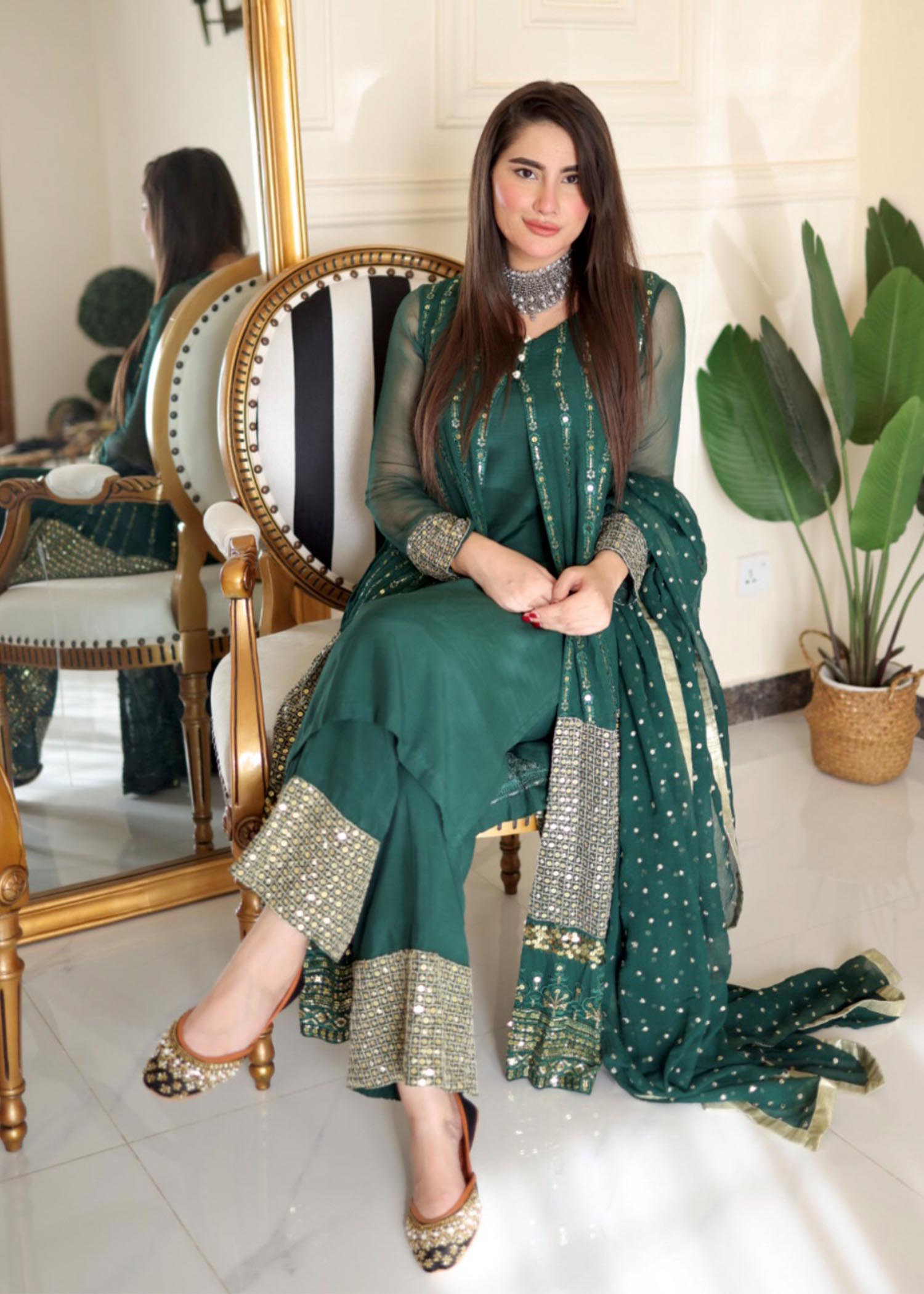 chikankari cotton Gown in Bottle green