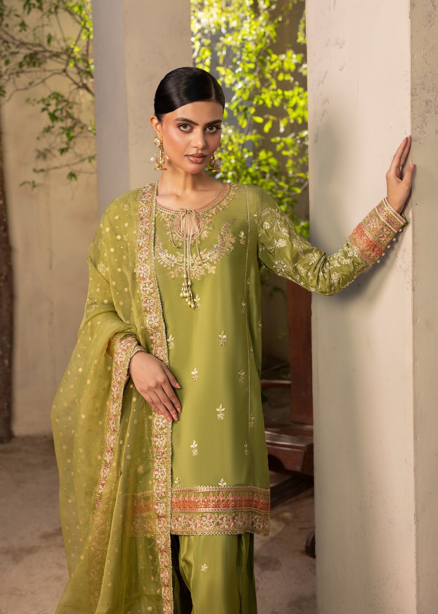 raw silk Kurta Set in Olive green