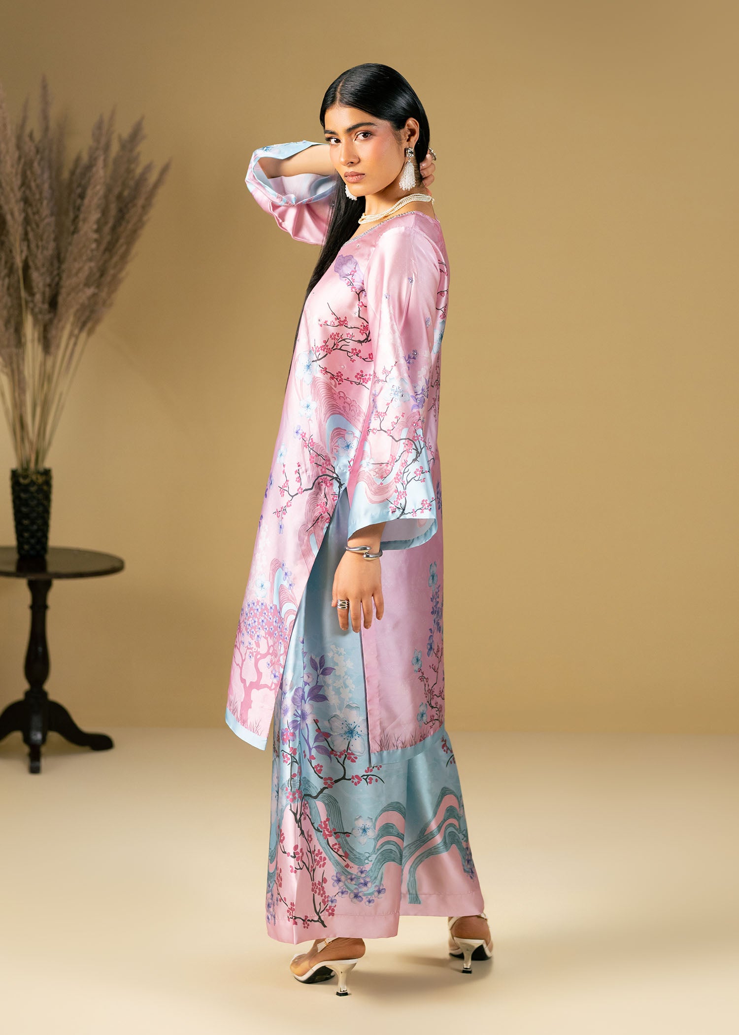 silk charmeuse Kurta Set in Pink