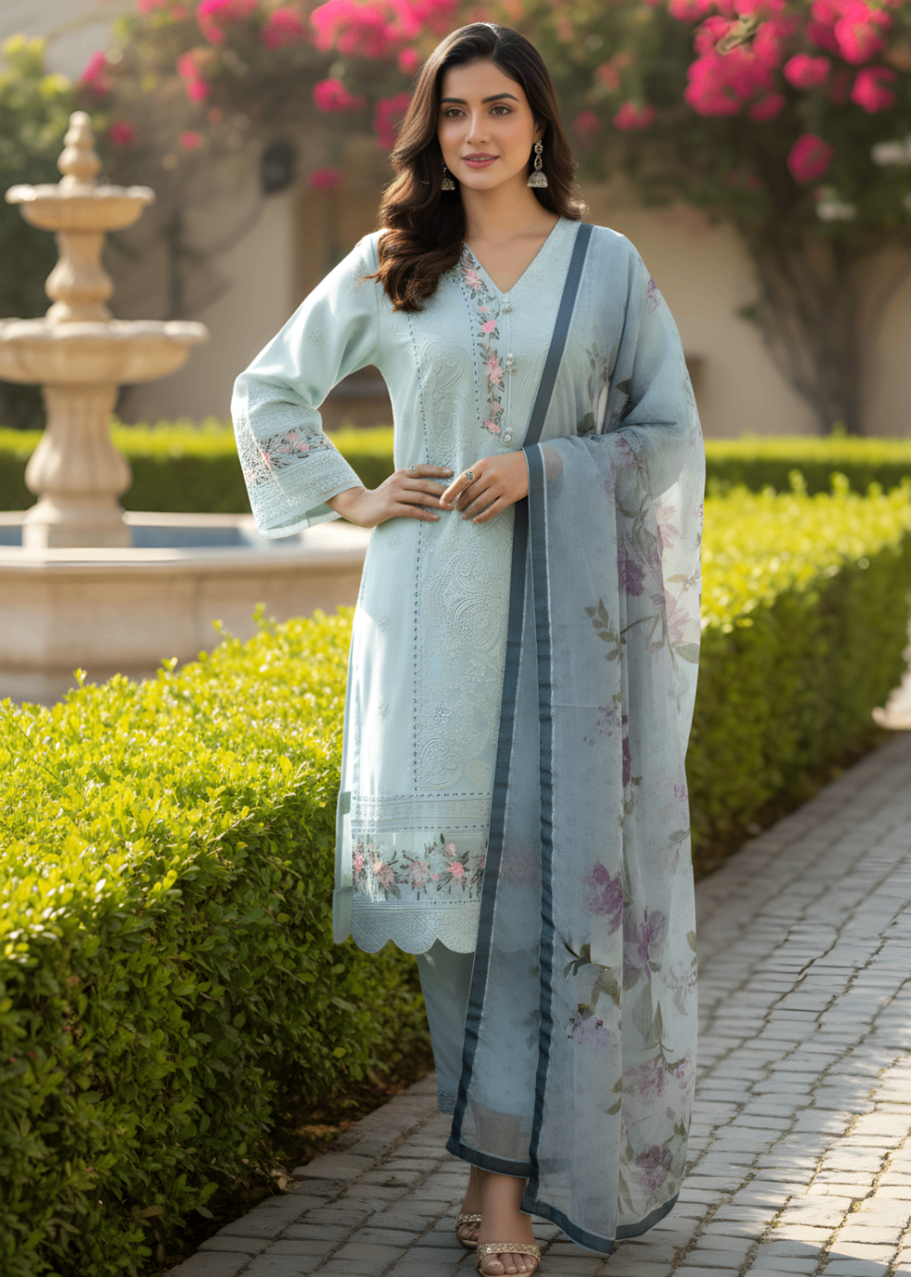 organza zari jacquard Kurta Set in Sky blue
