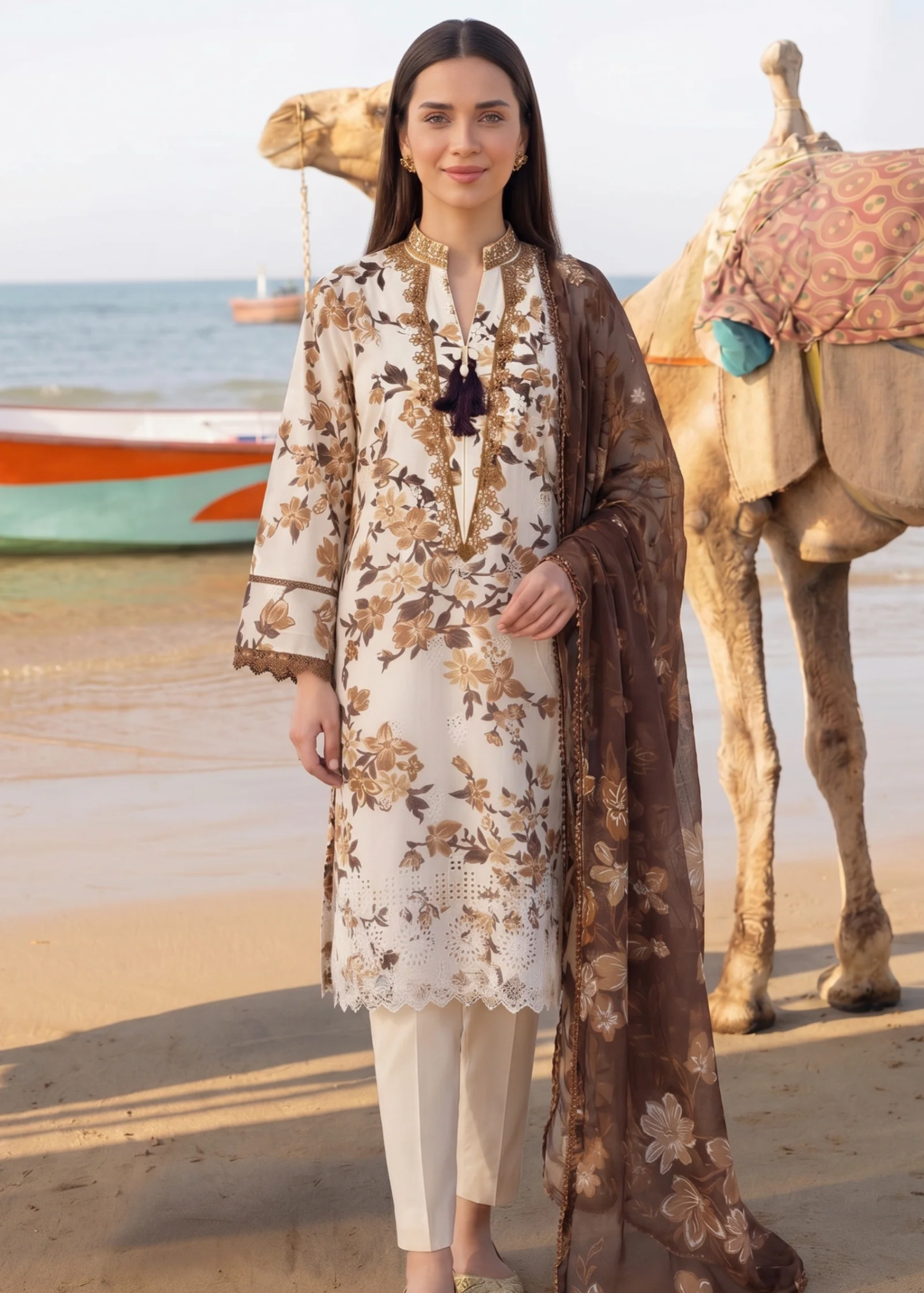 lawn Kurta Set in Off-white, coffee brown