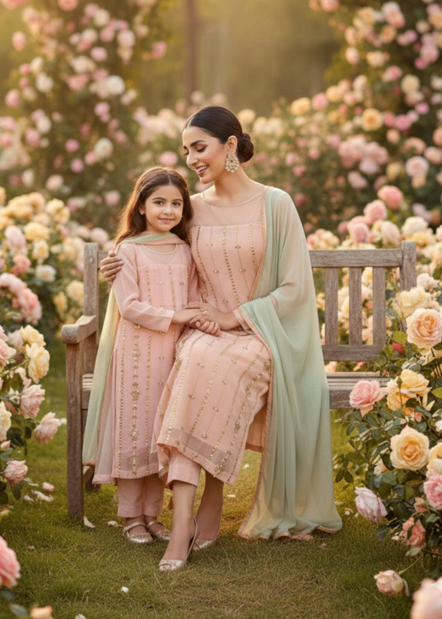 chiffon Kurta Set in Peach pink, pastel green