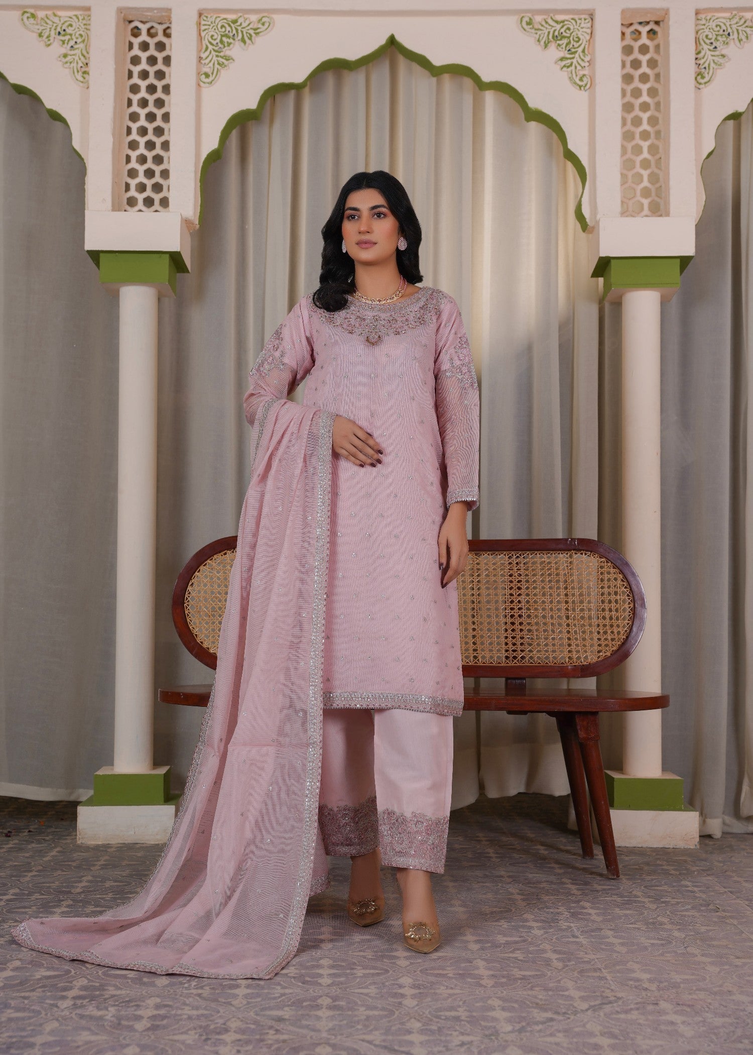 cotton net Kurta Set in Tea rose pink
