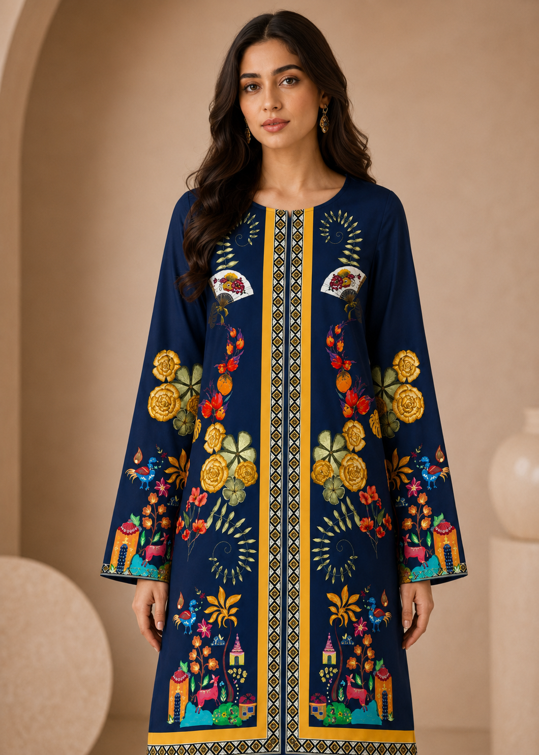 lawn Unstitched in Navy blue, yellow