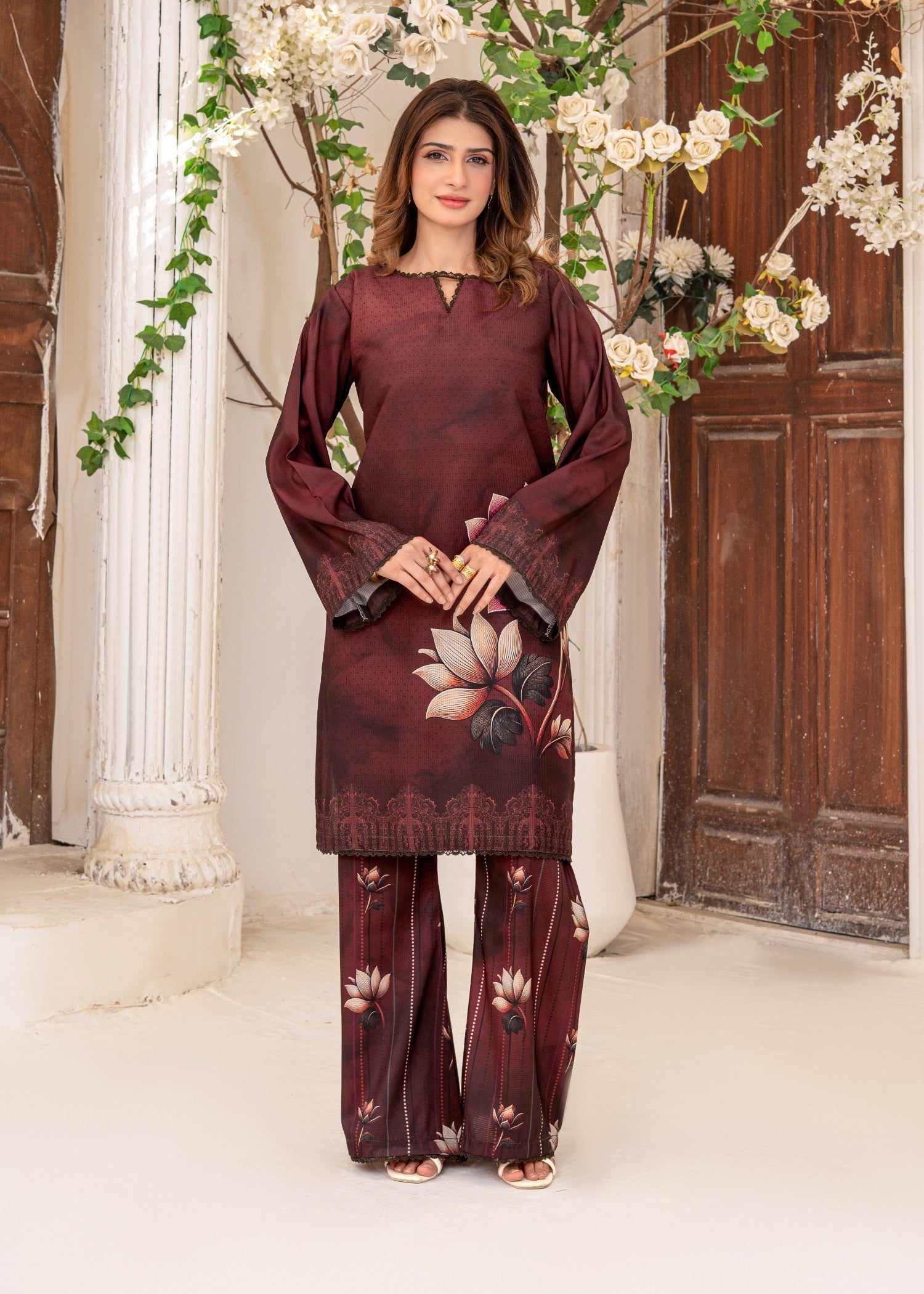 swiss lawn Kurta Set in Chocolate brown