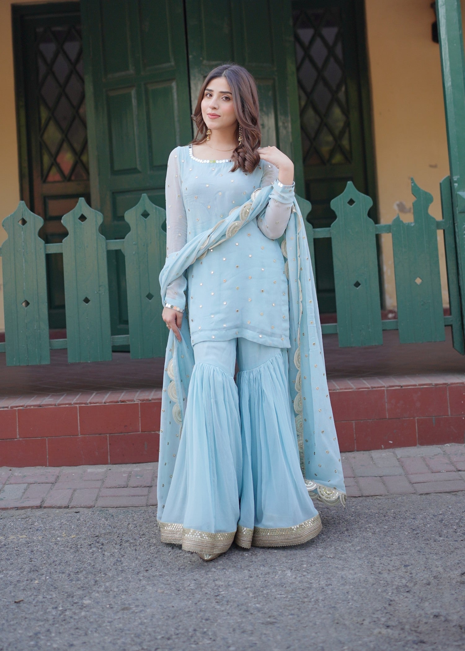chiffon Gharara in Arctic blue