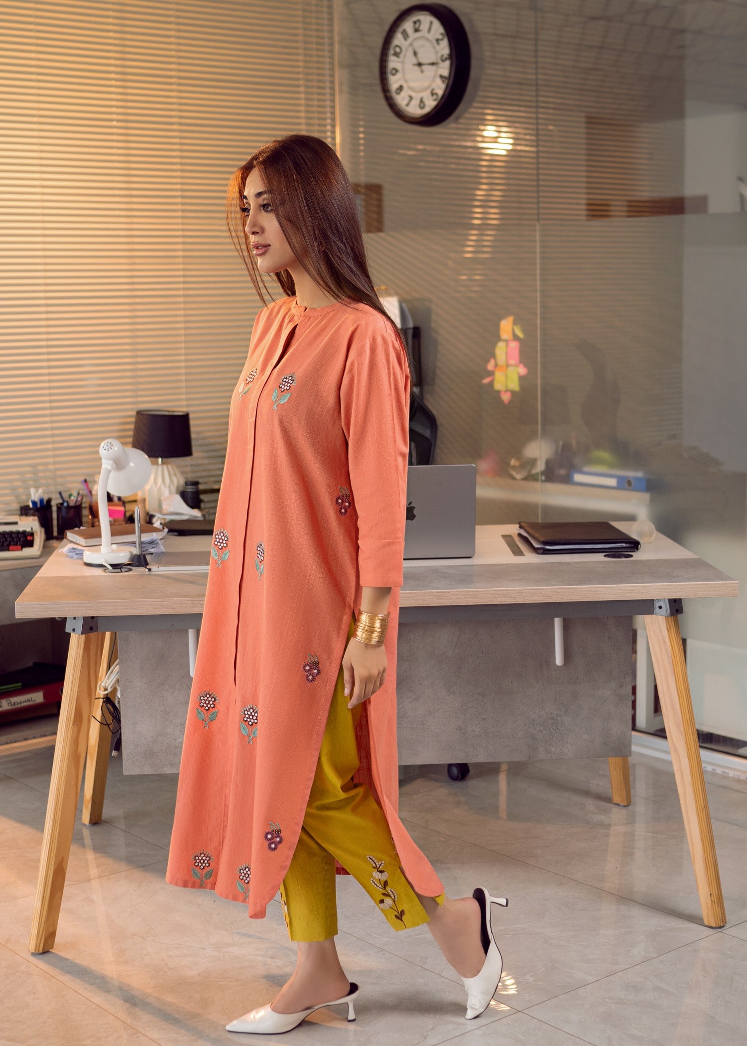 slub khaddar Kurta Set in Mustard, tea rose pink