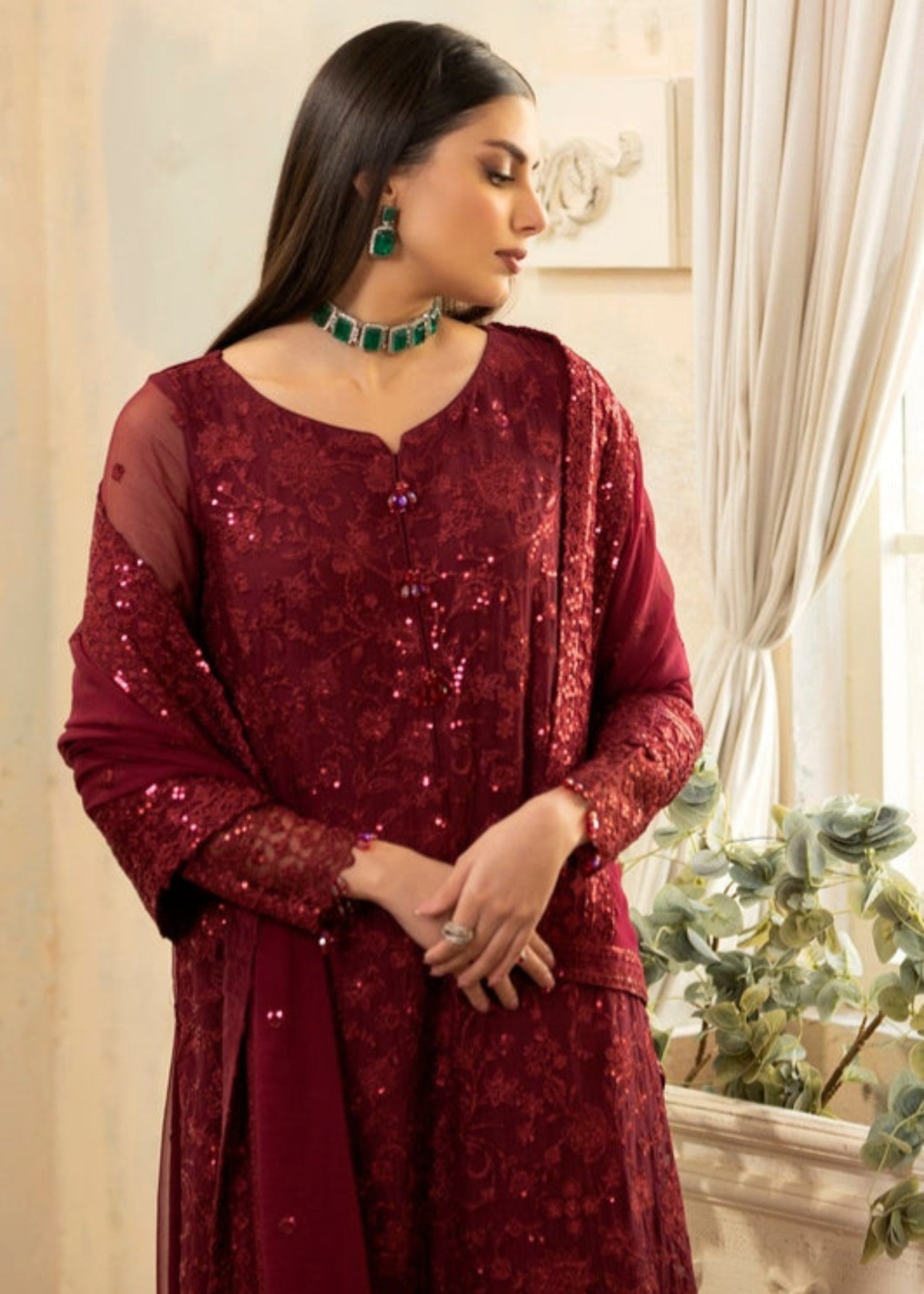 bemberg crinkle chiffon Kurta Set in Red
