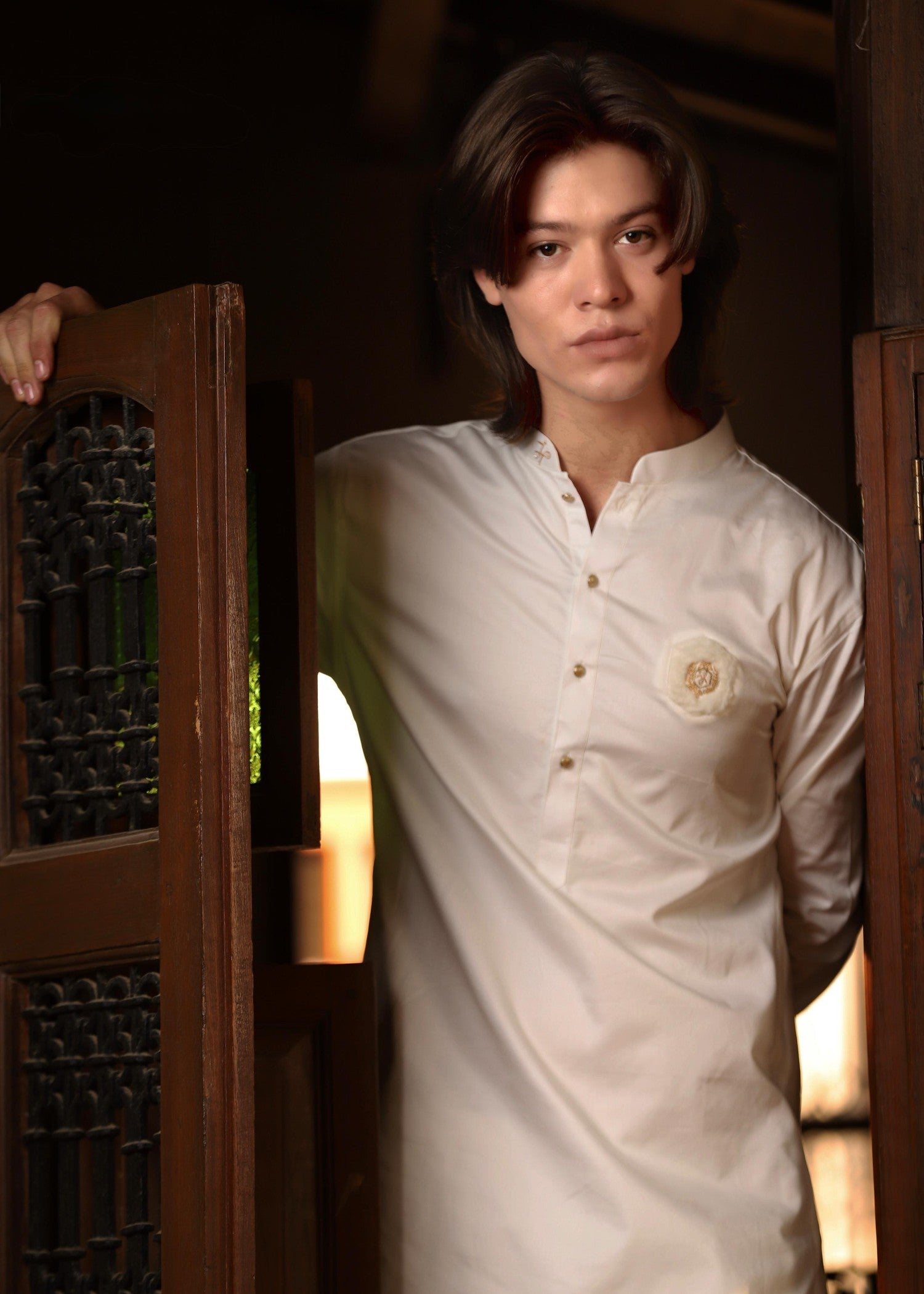 cotton satin Kurta Set in Pearl white