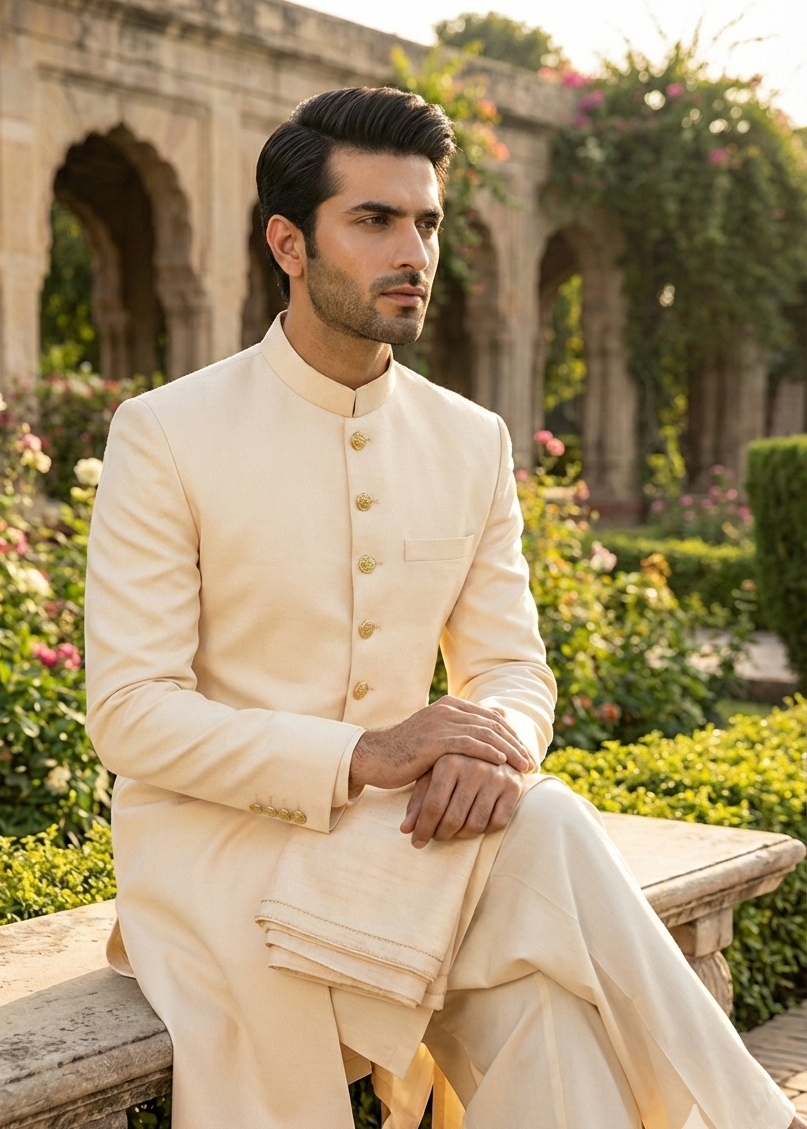 jamawar Sherwani in Wheat, gold