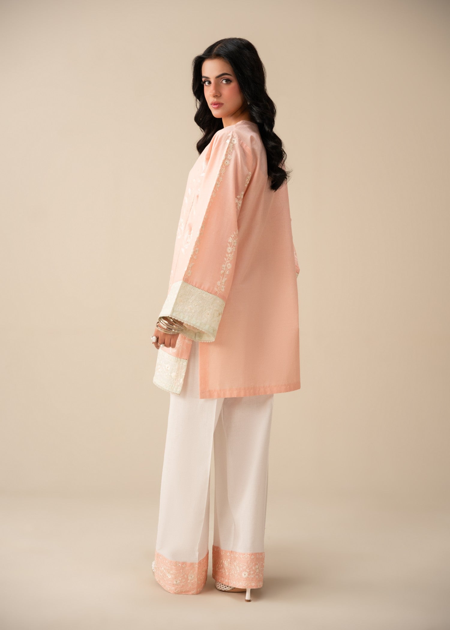 lawn Kurta Set in White, pistachio green, peach pink