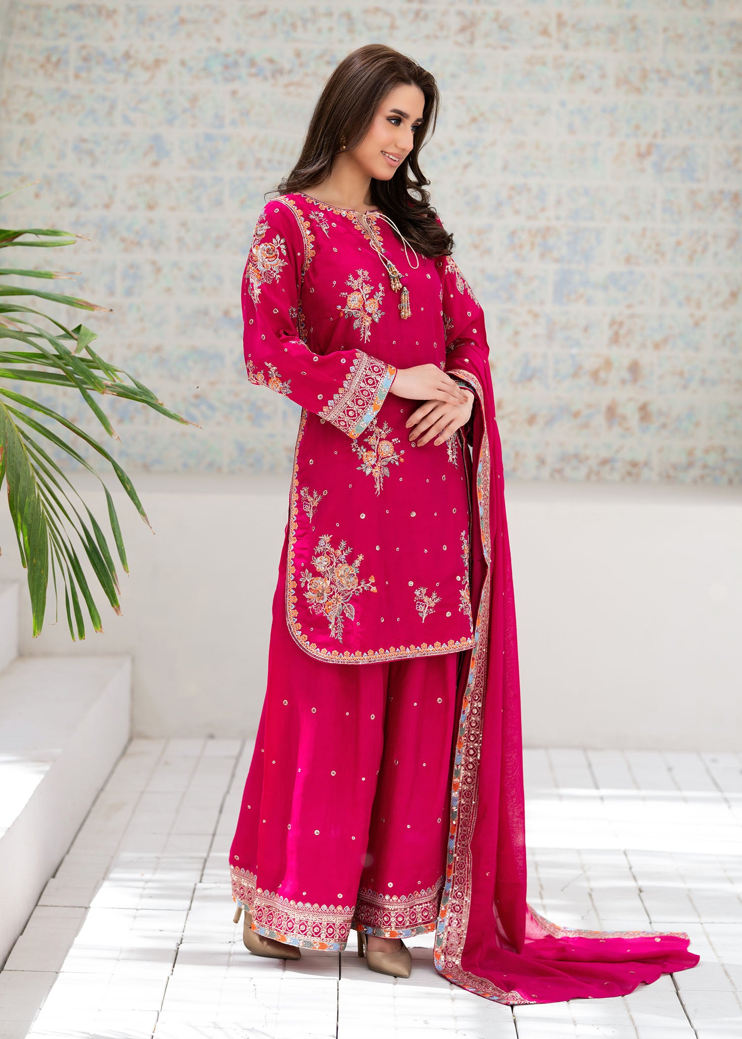 silk Kurta Set in Shocking pink