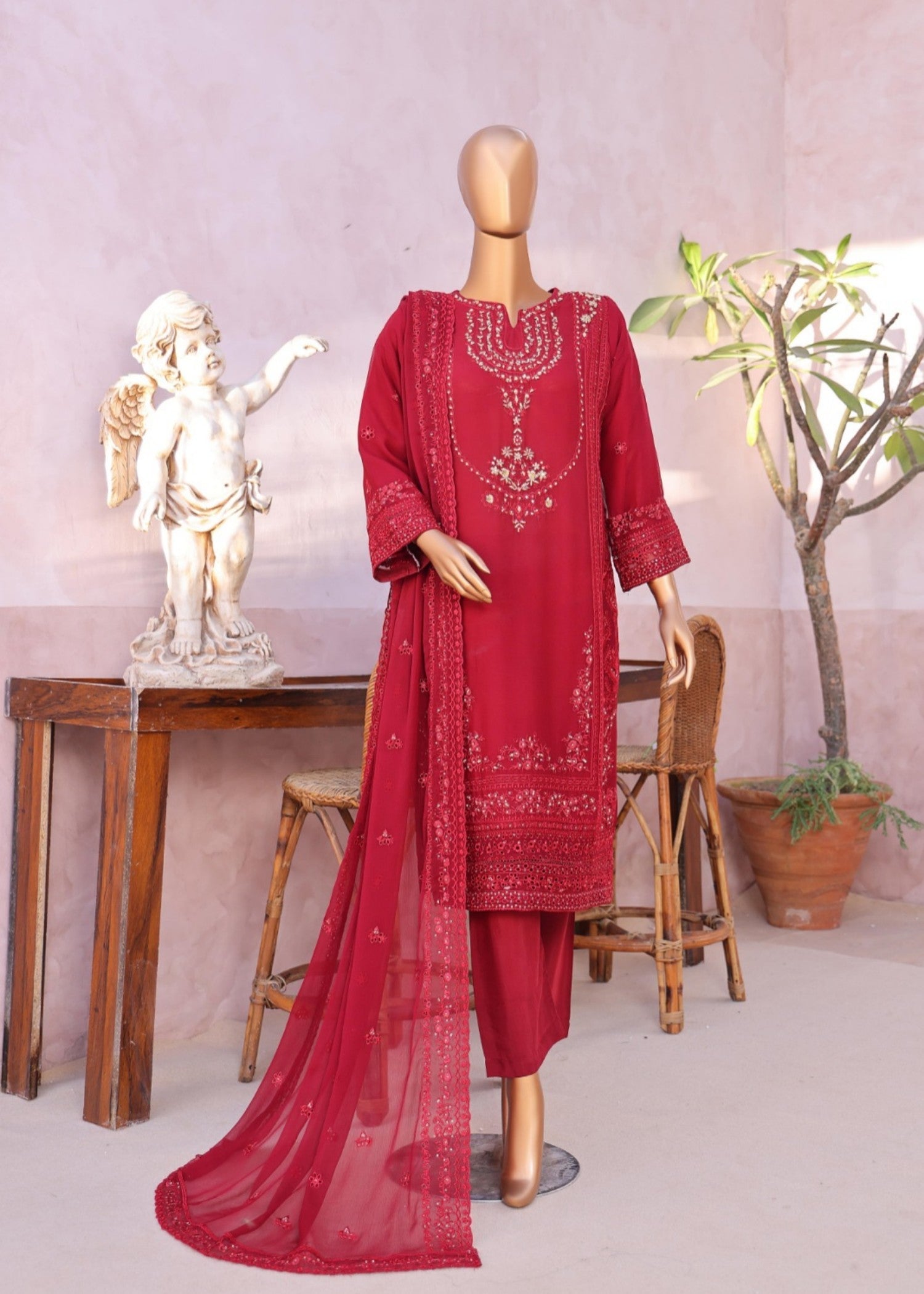 chiffon Kurta Set in Persian red