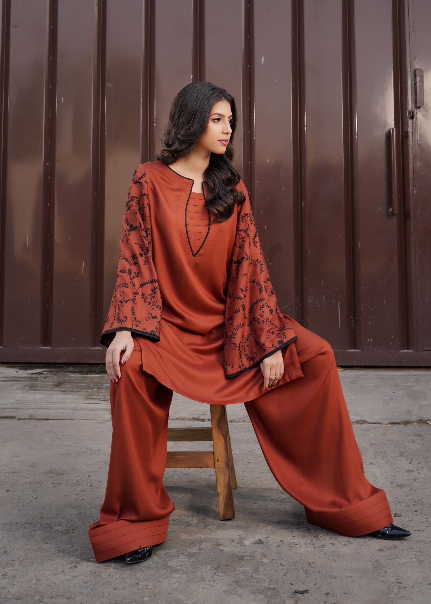 twill viscose Kurta Set in Rust orange