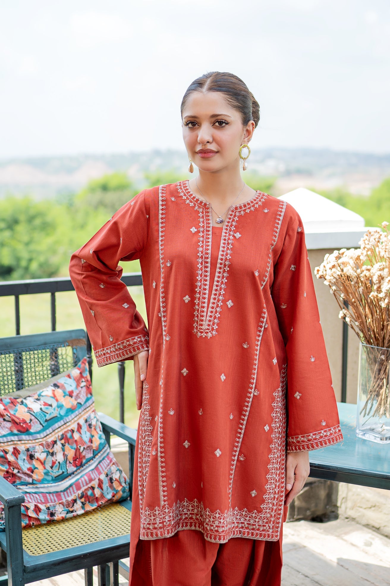 slub khaddar Kurta Set in Rust orange